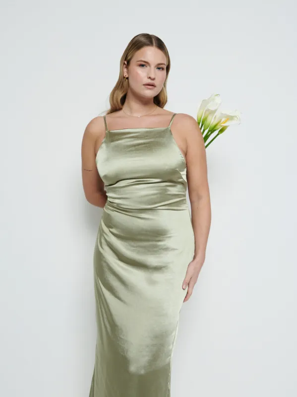 June Satin Maxi Bridesmaid Dress - Olive sold by Pretty Lavish