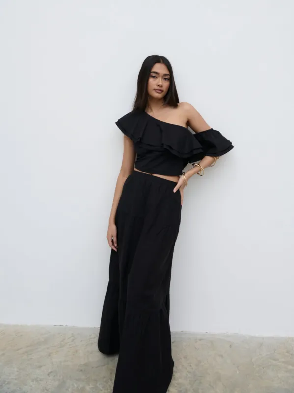 Sol Ruffle Maxi Skirt - Black sold by Pretty Lavish