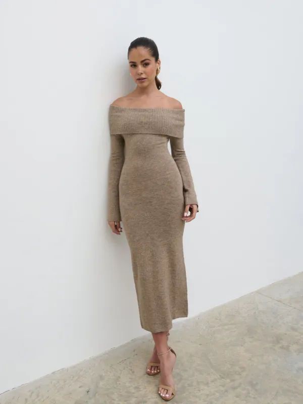 Soreya Bardot Soft Knit Dress - Brown Marl sold by Pretty Lavish