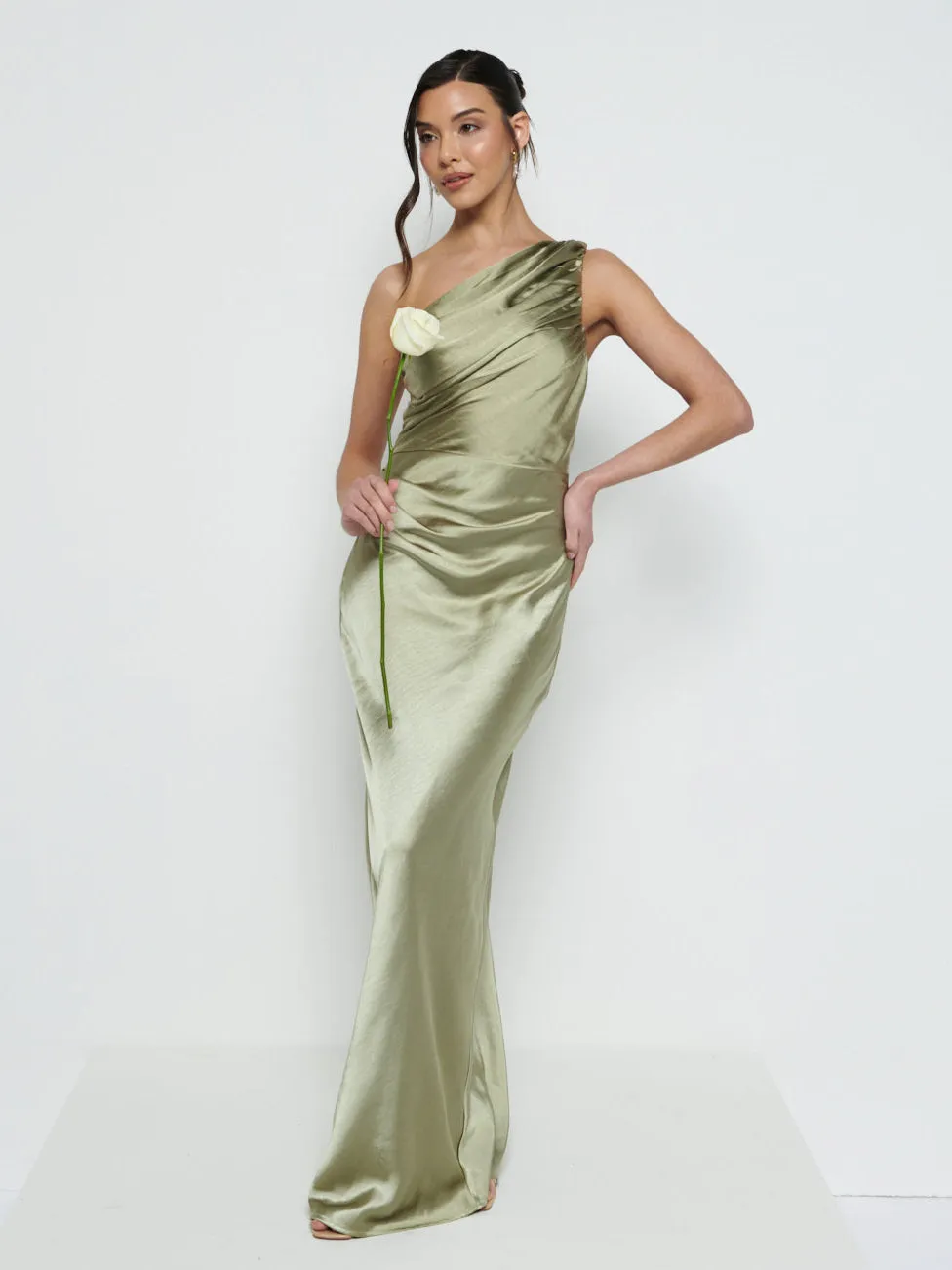 Juliet Ruched Maxi Bridesmaid Dress - Matte Olive sold by Pretty Lavish