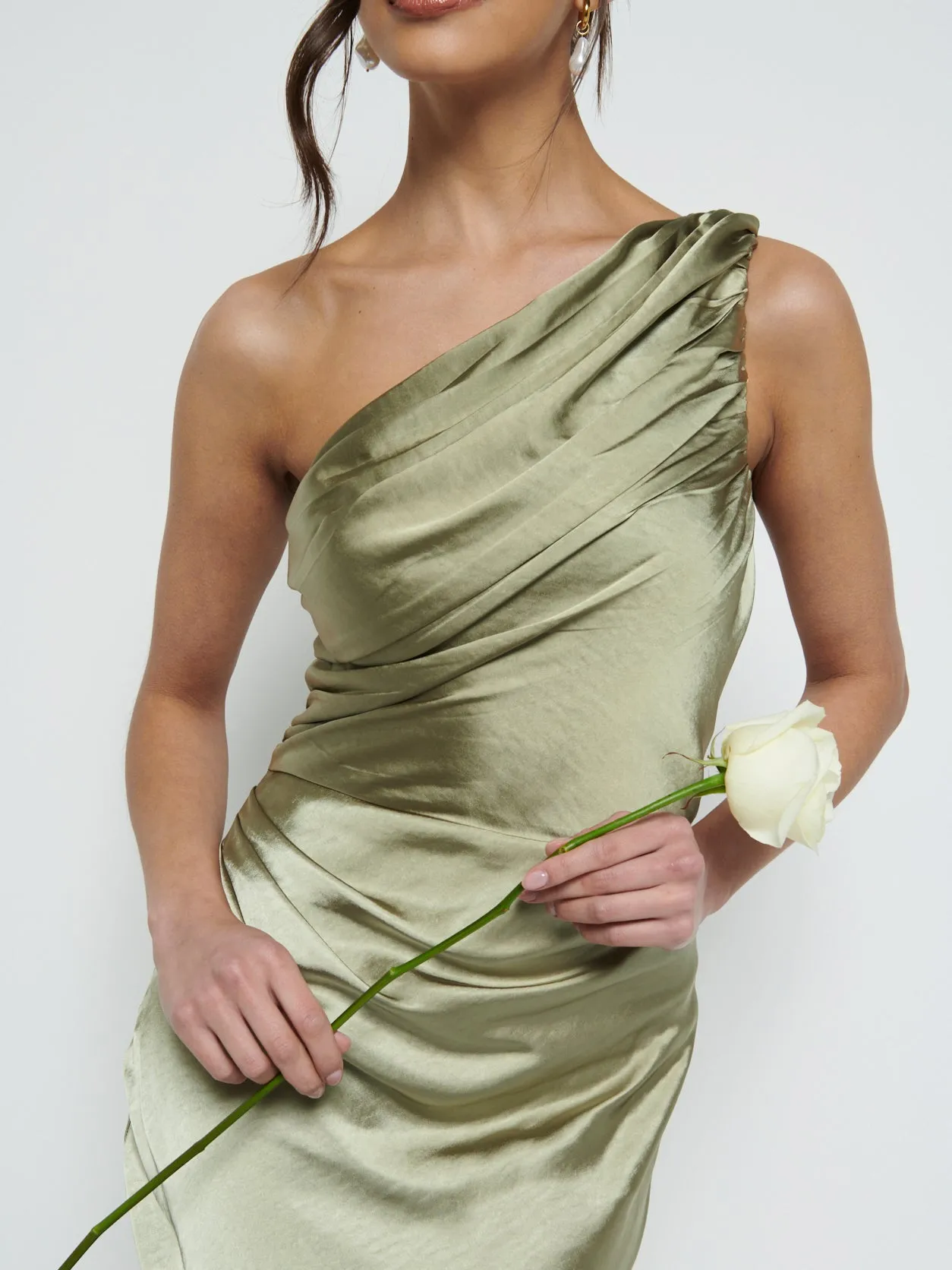 Juliet Ruched Maxi Bridesmaid Dress - Matte Olive sold by Pretty Lavish product image thumbnail 3