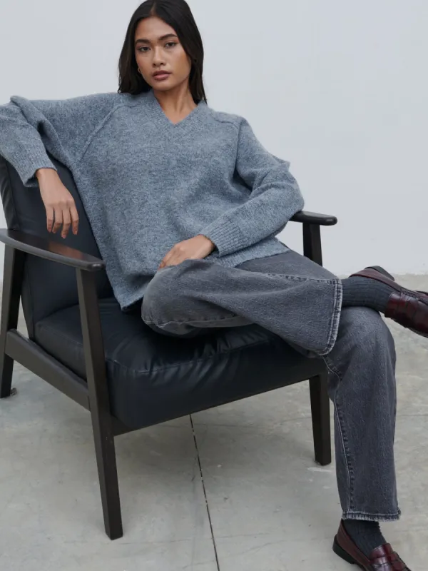 Liberty V Neck Seam Knit Jumper - Charcoal sold by Pretty Lavish