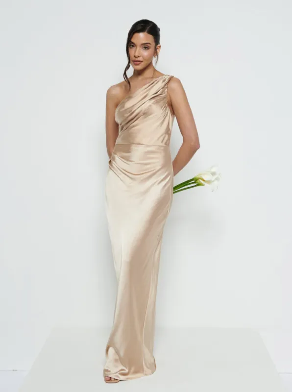 Juliet Ruched Maxi Bridesmaid Dress - Matte Bronze sold by Pretty Lavish