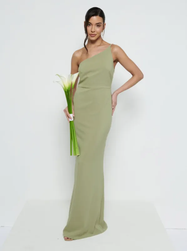 Amelia One Shoulder Crepe Maxi Bridesmaid Dress - Olive sold by Pretty Lavish
