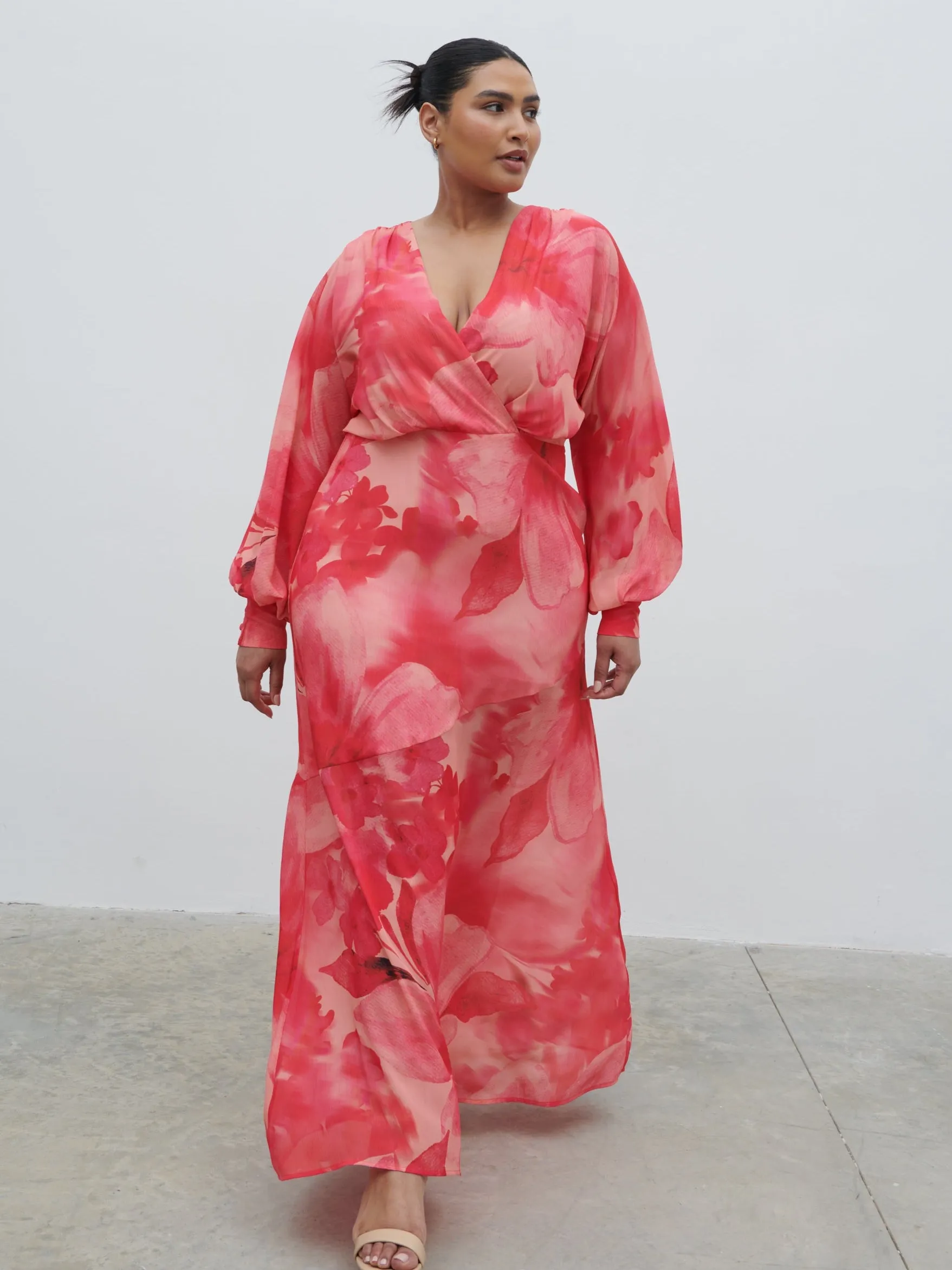 Theia Batwing Maxi Dress Curve - Pink Large Scale Floral sold by Pretty Lavish