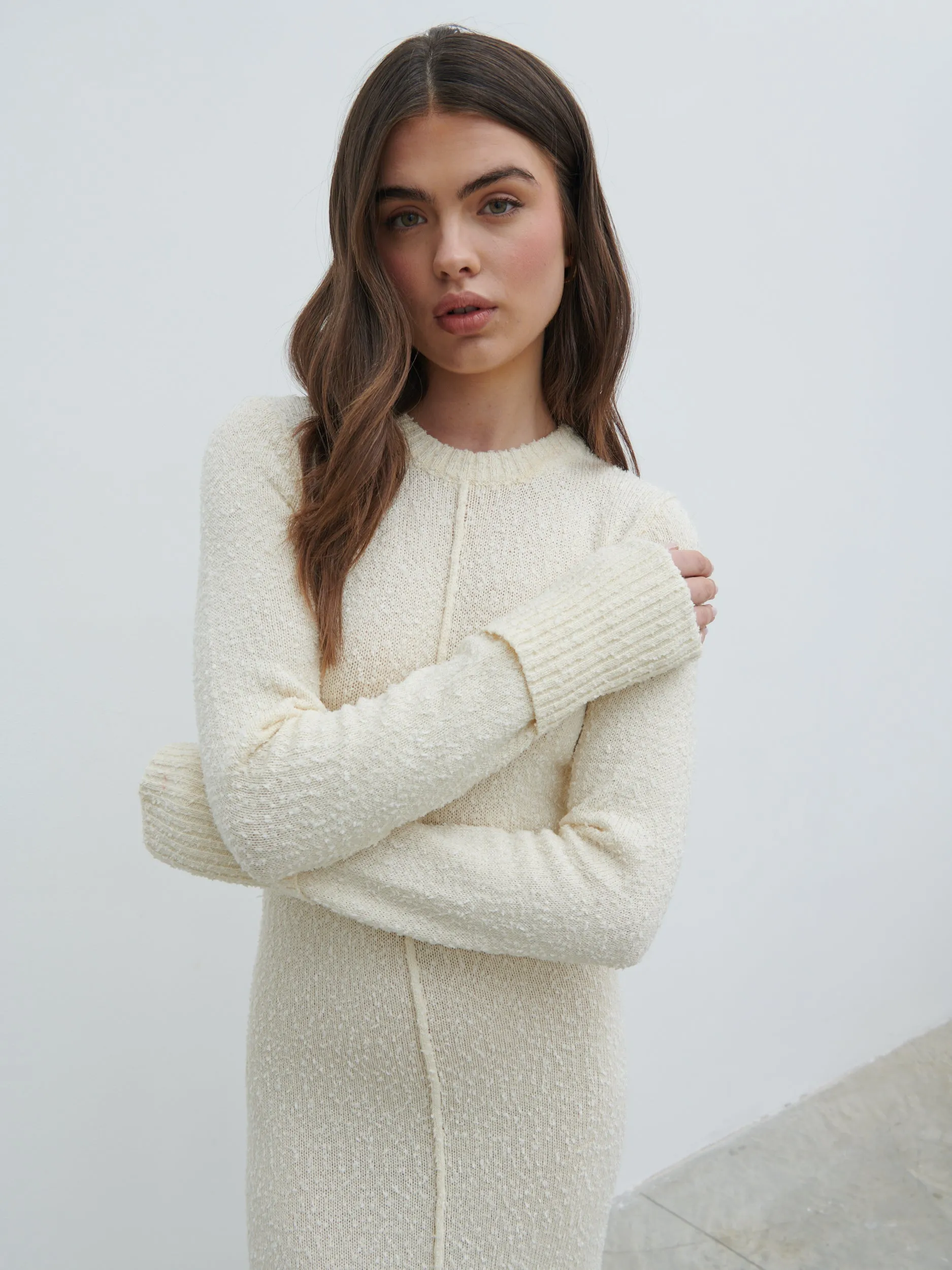 Nala Boucle Exposed Seam Knit Midaxi Dress - Cream sold by Pretty Lavish product image thumbnail 3