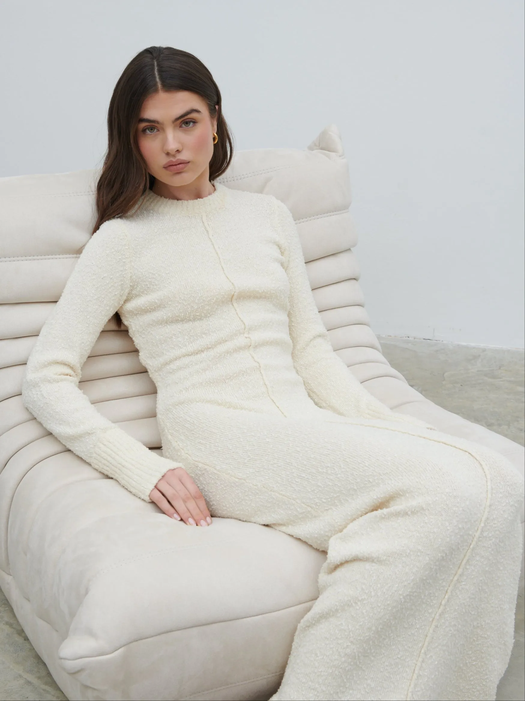 Nala Boucle Exposed Seam Knit Midaxi Dress - Cream sold by Pretty Lavish