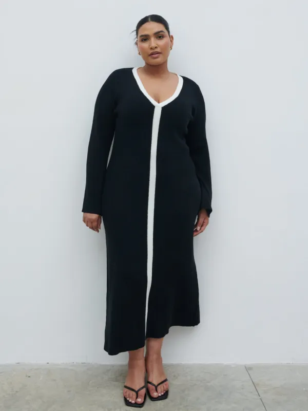 Ailey Contrast Seam Knit Midaxi Dress Curve - Black and Cream sold by Pretty Lavish