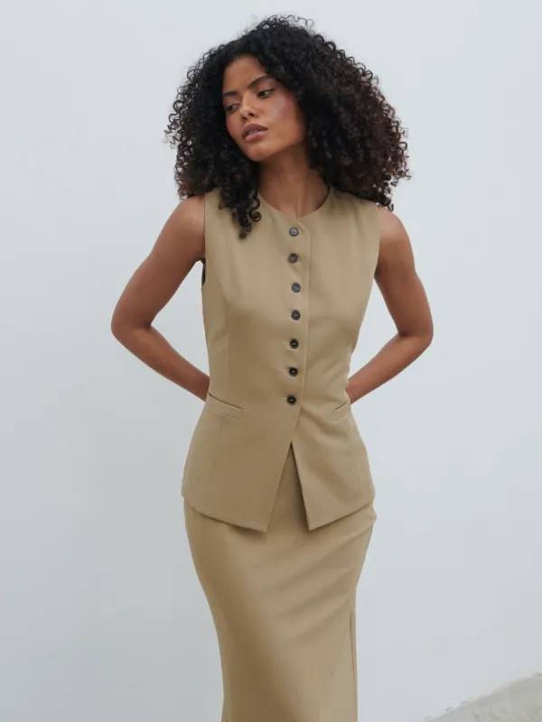 Jean Buttoned Down Waistcoat - Camel Beige sold by Pretty Lavish