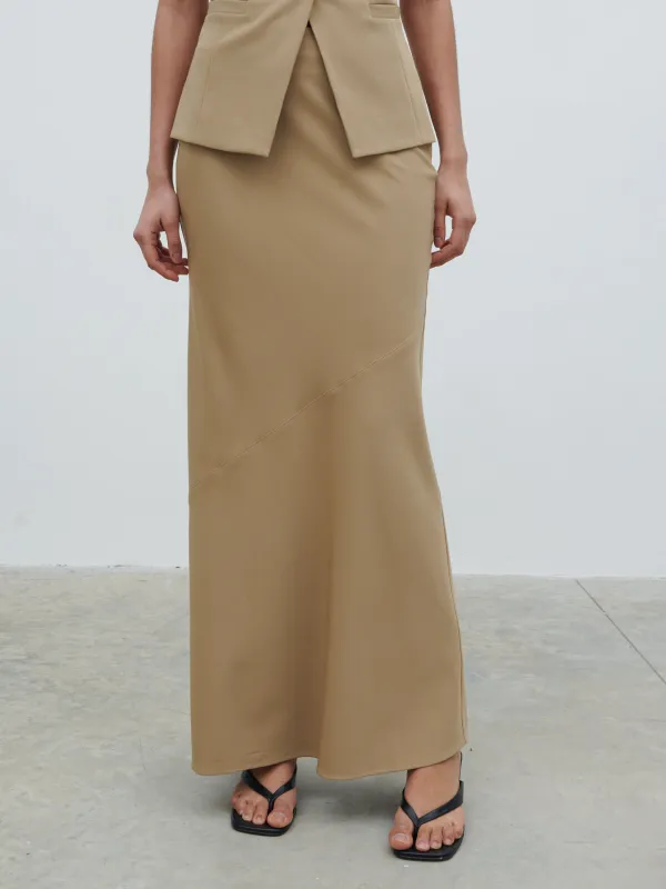 Jean Asymmetric Maxi Skirt - Camel Beige sold by Pretty Lavish