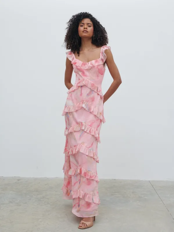 Cecile Scoop Neck Ruffle Maxi Dress - Pink Marble Ombre sold by Pretty Lavish