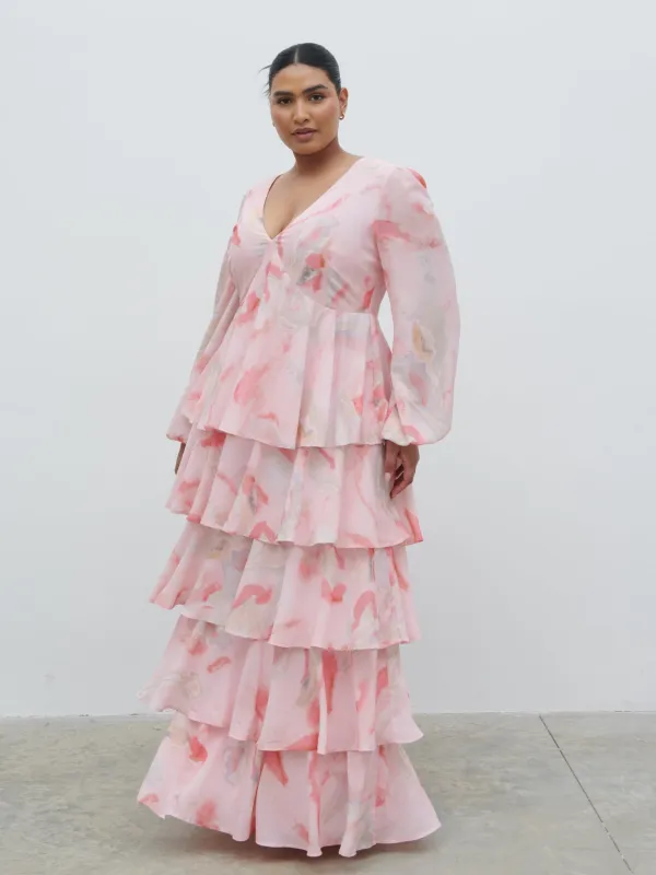 Ashton Ruffle Maxi Dress Curve - Pink Marble Ombre sold by Pretty Lavish