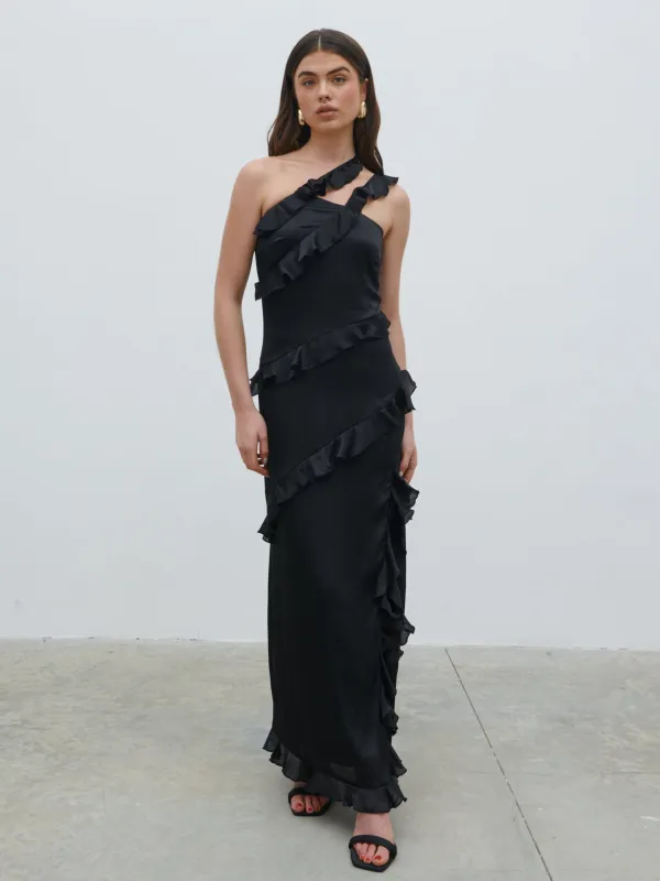 Sabina One Shoulder Ruffle Maxi Dress - Black sold by Pretty Lavish