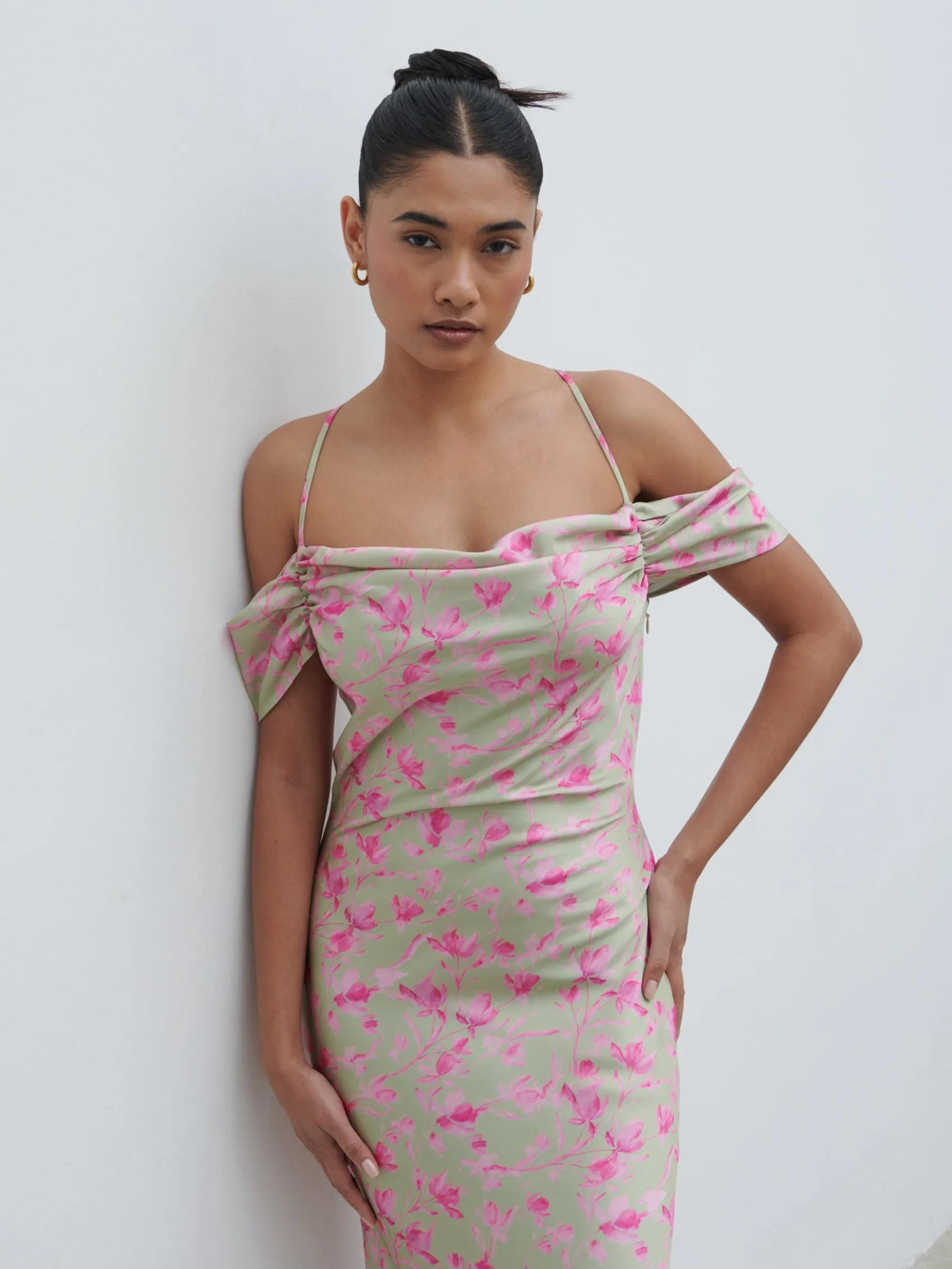Daria Cowl Slip Maxi Dress - Olive and Fuchsia Petal Floral sold by Pretty Lavish product image thumbnail 2