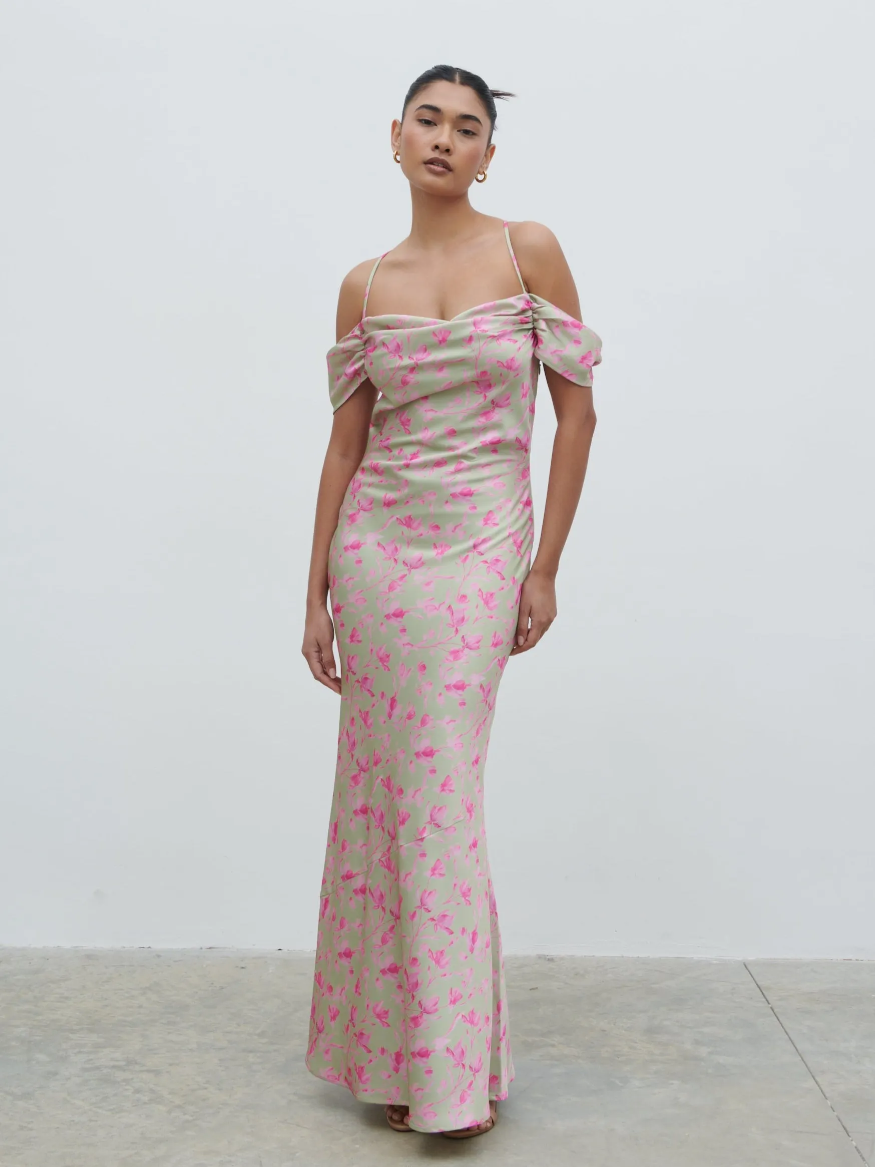 Daria Cowl Slip Maxi Dress - Olive and Fuchsia Petal Floral sold by Pretty Lavish