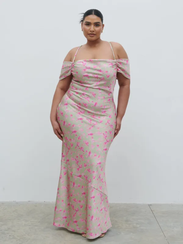 Daria Cowl Slip Maxi Dress Curve - Olive and Fuchsia Petal Floral sold by Pretty Lavish