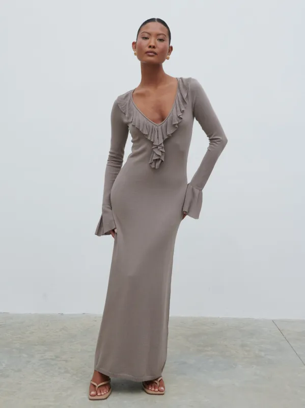 Vera Ruffle Front Knit Midaxi Dress - Stone sold by Pretty Lavish