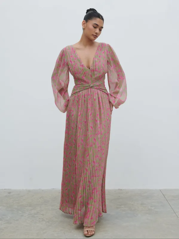 Jade Pleated Maxi Dress - Olive and Fuchsia Petal Floral sold by Pretty Lavish