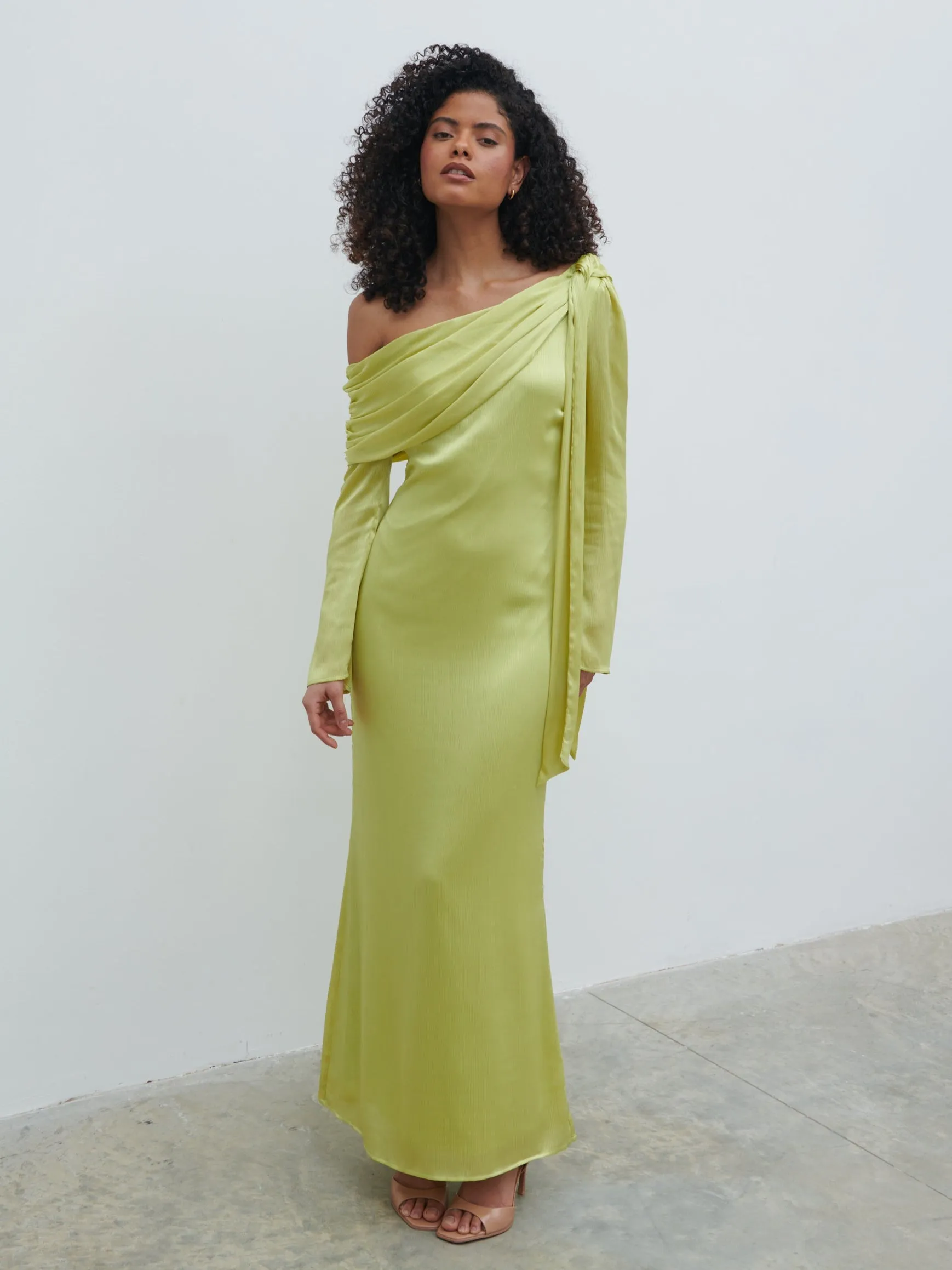 Neomie One Shoulder Tie Chiffon Maxi Dress - Chartreuse sold by Pretty Lavish product image thumbnail 2