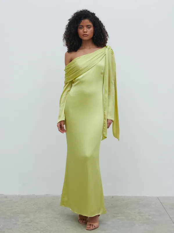Neomie One Shoulder Tie Chiffon Maxi Dress - Chartreuse sold by Pretty Lavish