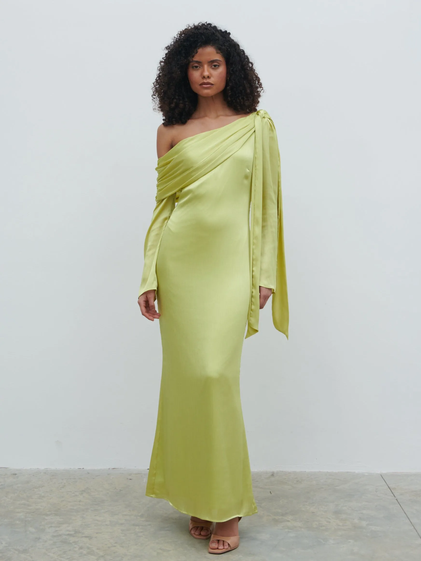 Neomie One Shoulder Tie Chiffon Maxi Dress - Chartreuse sold by Pretty Lavish