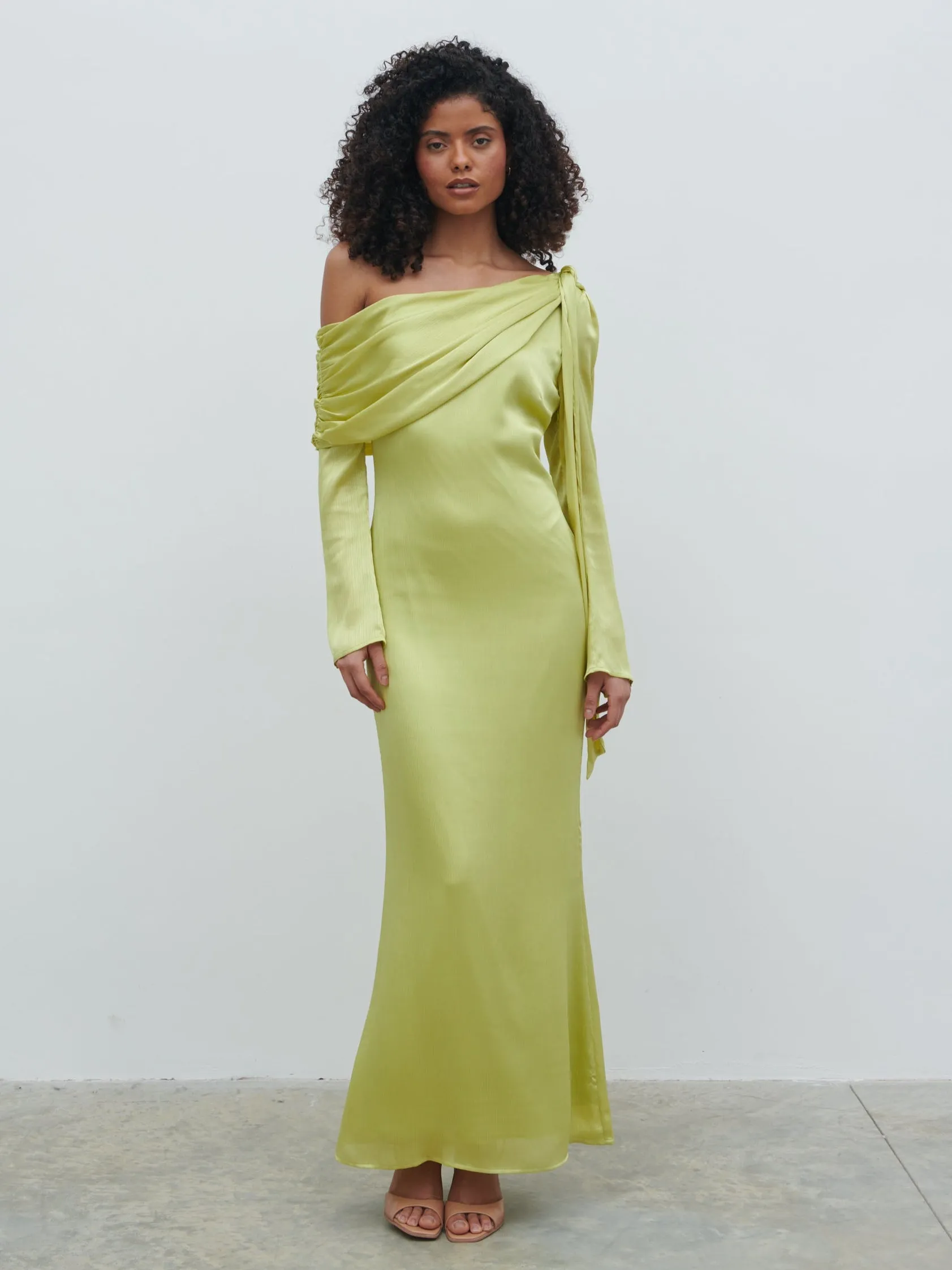 Neomie One Shoulder Tie Chiffon Maxi Dress - Chartreuse sold by Pretty Lavish product image thumbnail 4