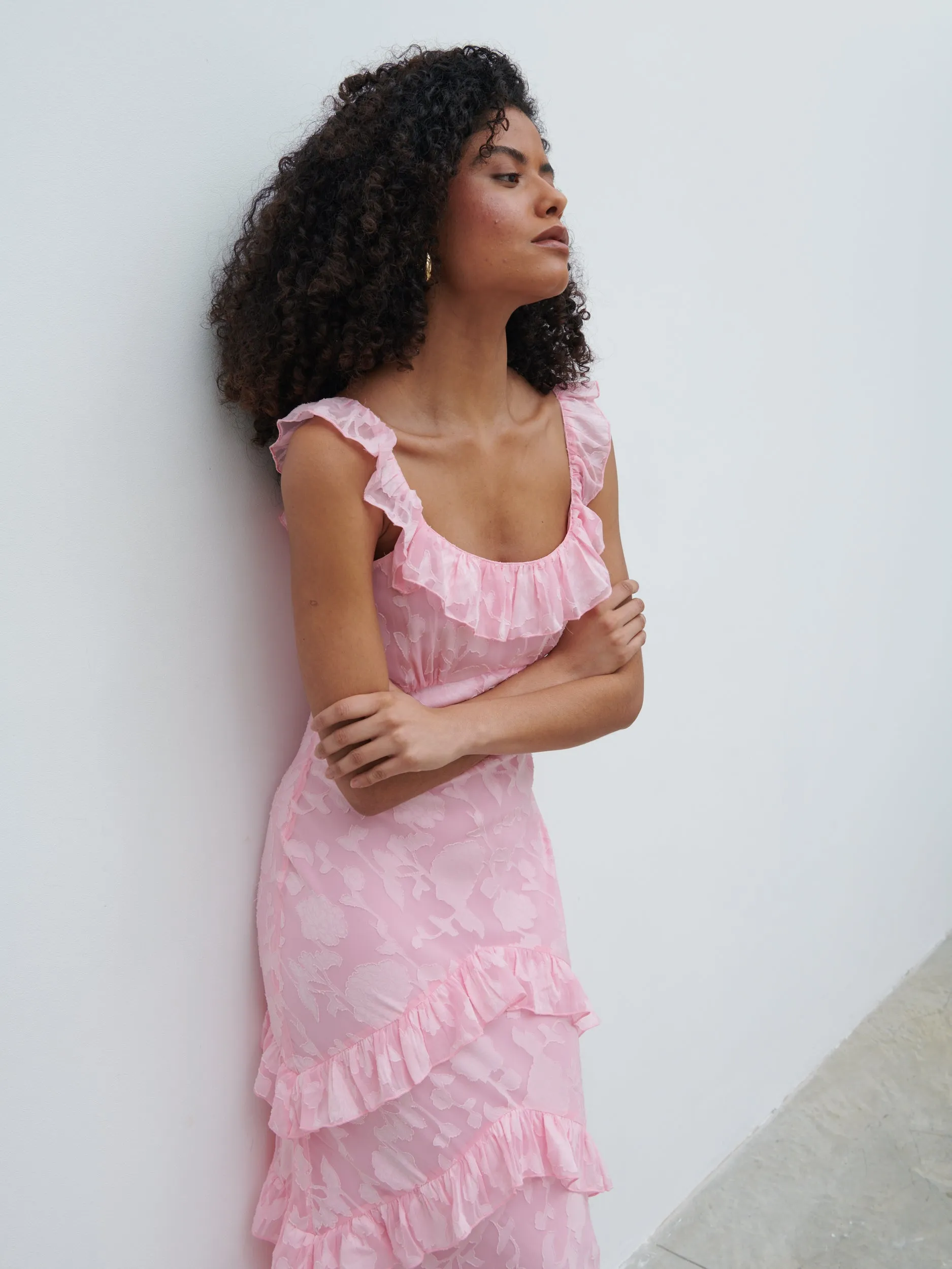 Novie Ruffle Jacquard Maxi Dress - Posie Pink sold by Pretty Lavish product image thumbnail 5