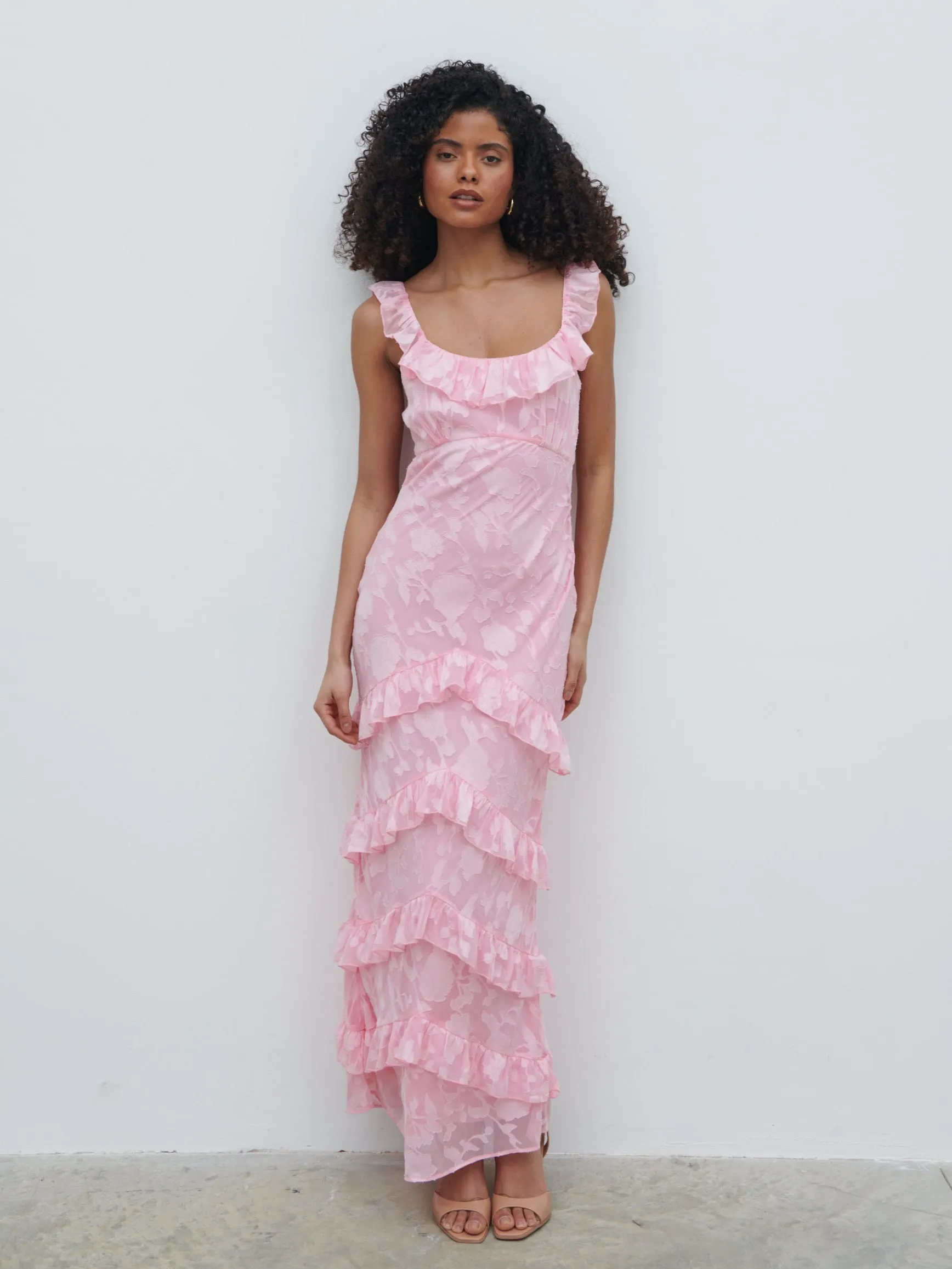 Novie Ruffle Jacquard Maxi Dress - Posie Pink sold by Pretty Lavish