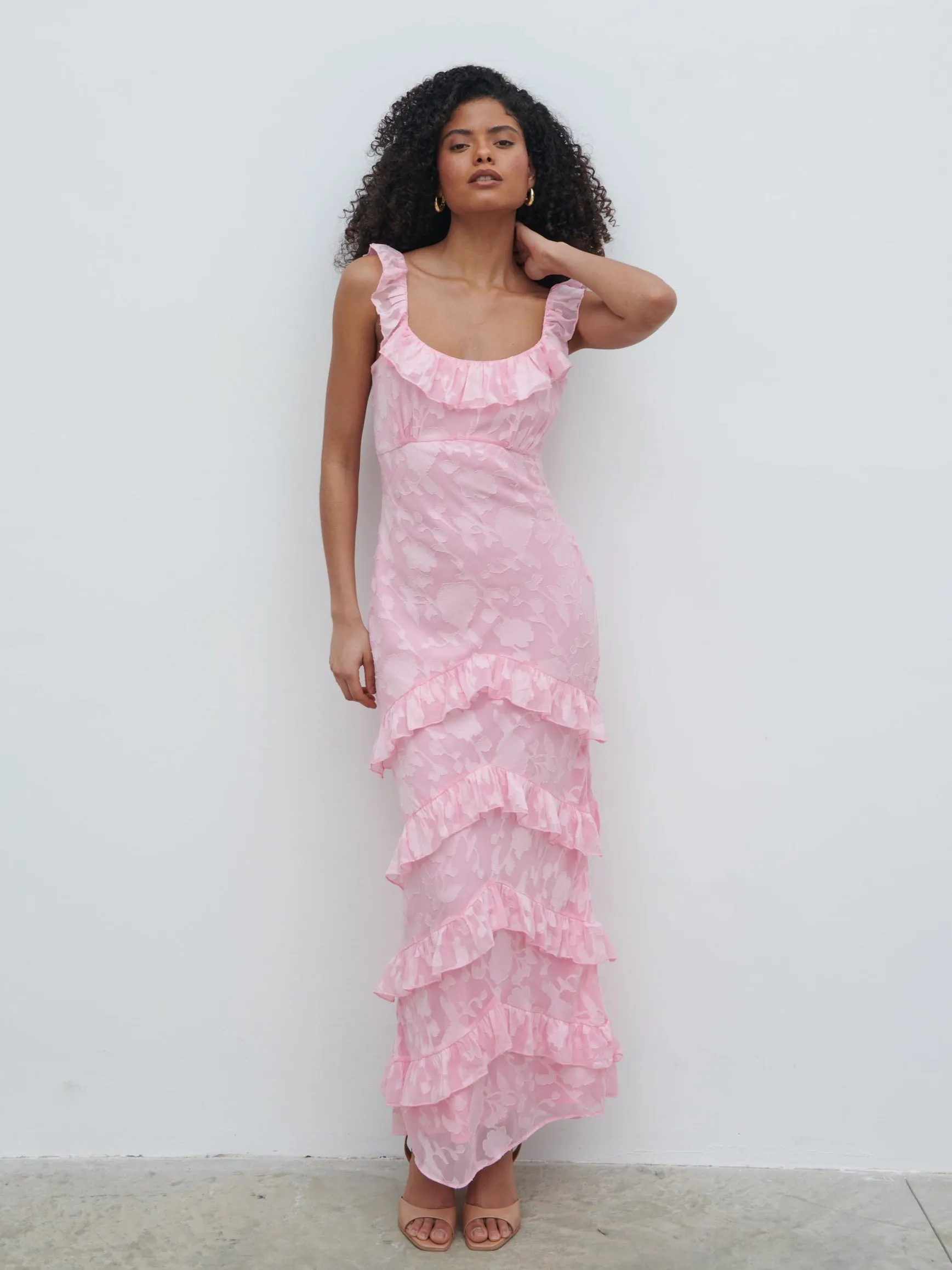 Novie Ruffle Jacquard Maxi Dress - Posie Pink sold by Pretty Lavish product image thumbnail 3