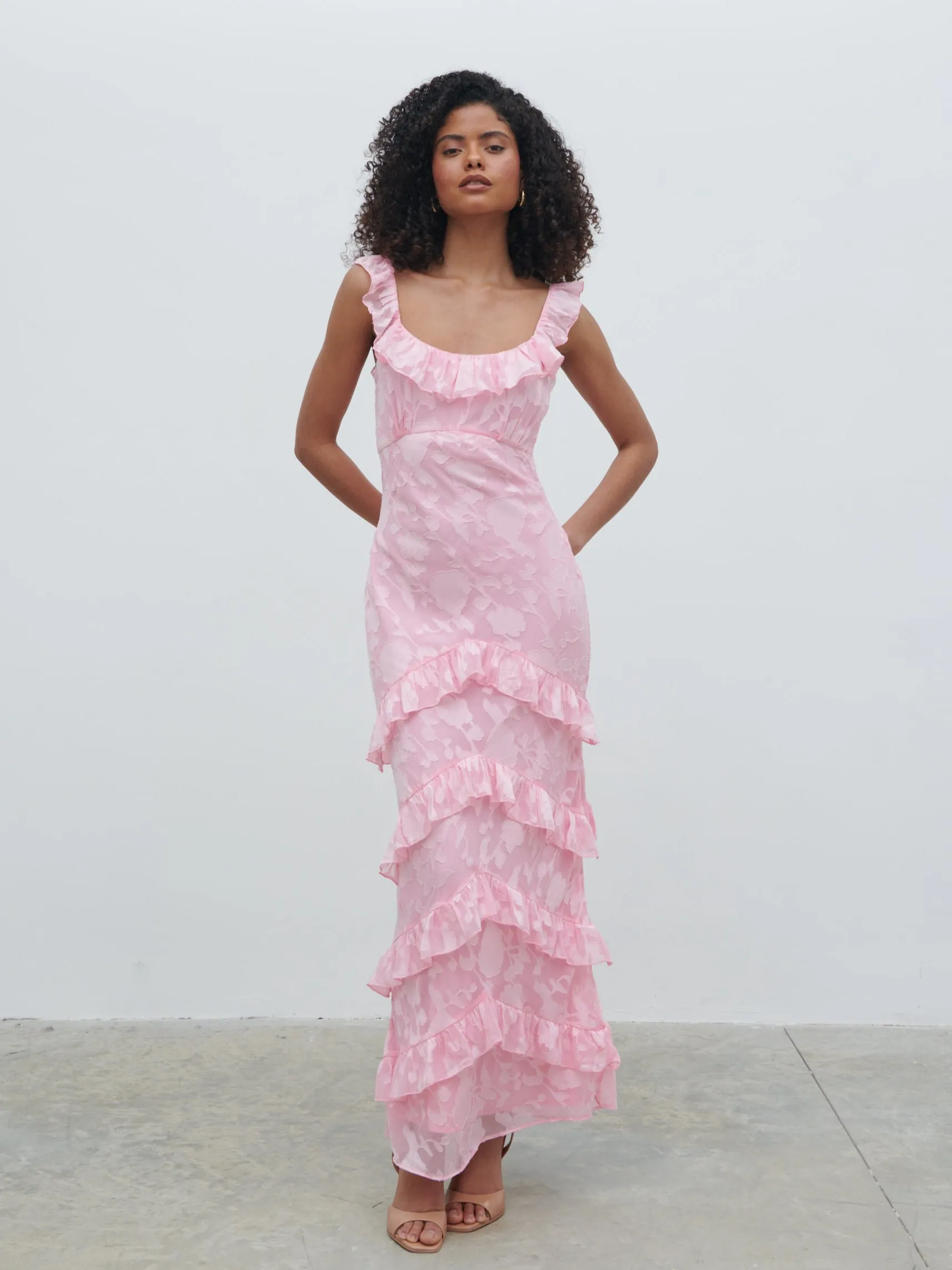 Novie Ruffle Jacquard Maxi Dress - Posie Pink sold by Pretty Lavish product image thumbnail 4