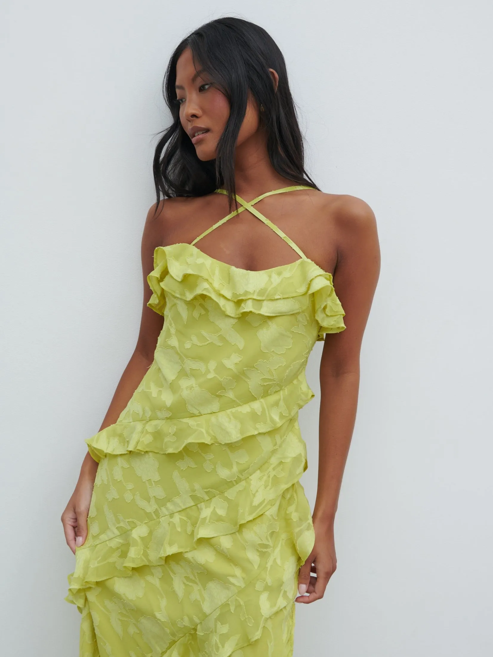 Aryana Jacquard Ruffle Midaxi Dress - Chartreuse sold by Pretty Lavish product image thumbnail 4