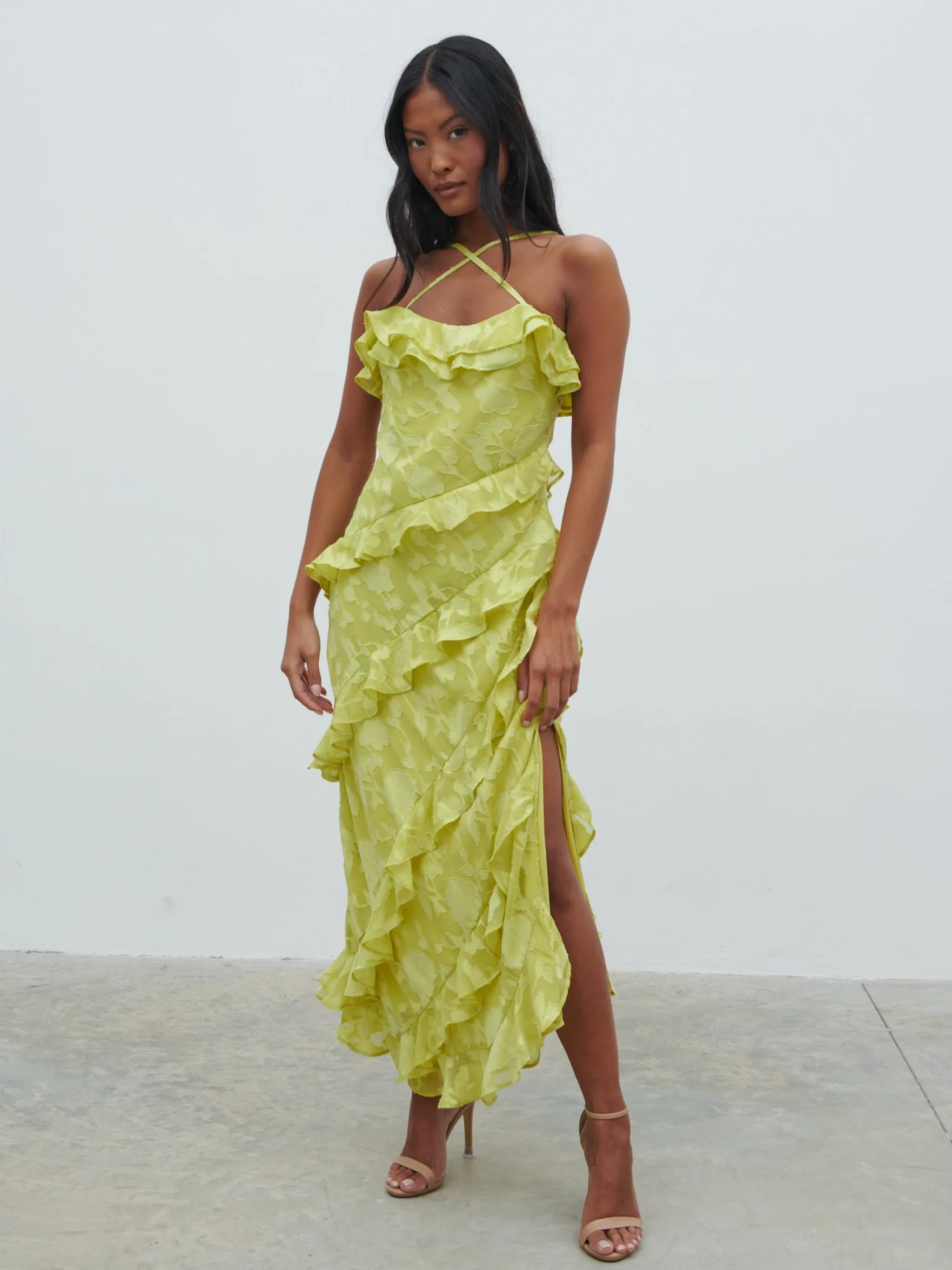 Aryana Jacquard Ruffle Midaxi Dress - Chartreuse sold by Pretty Lavish