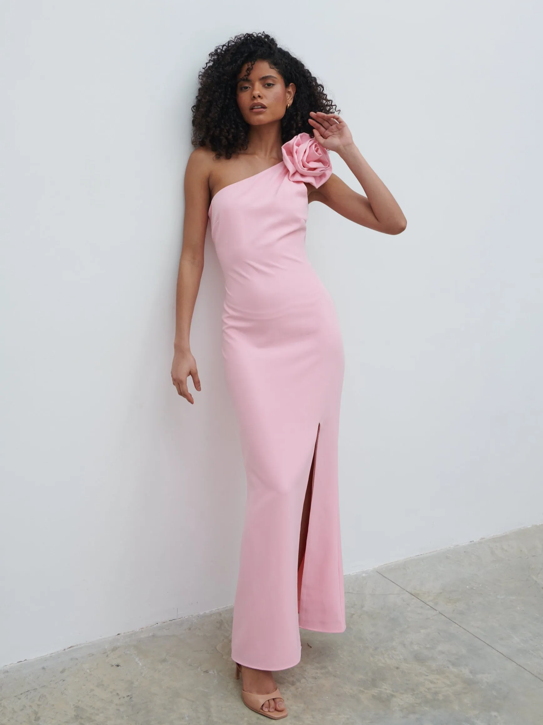 Samaya One Shoulder Detachable Corsage Maxi Dress - Posie Pink sold by Pretty Lavish