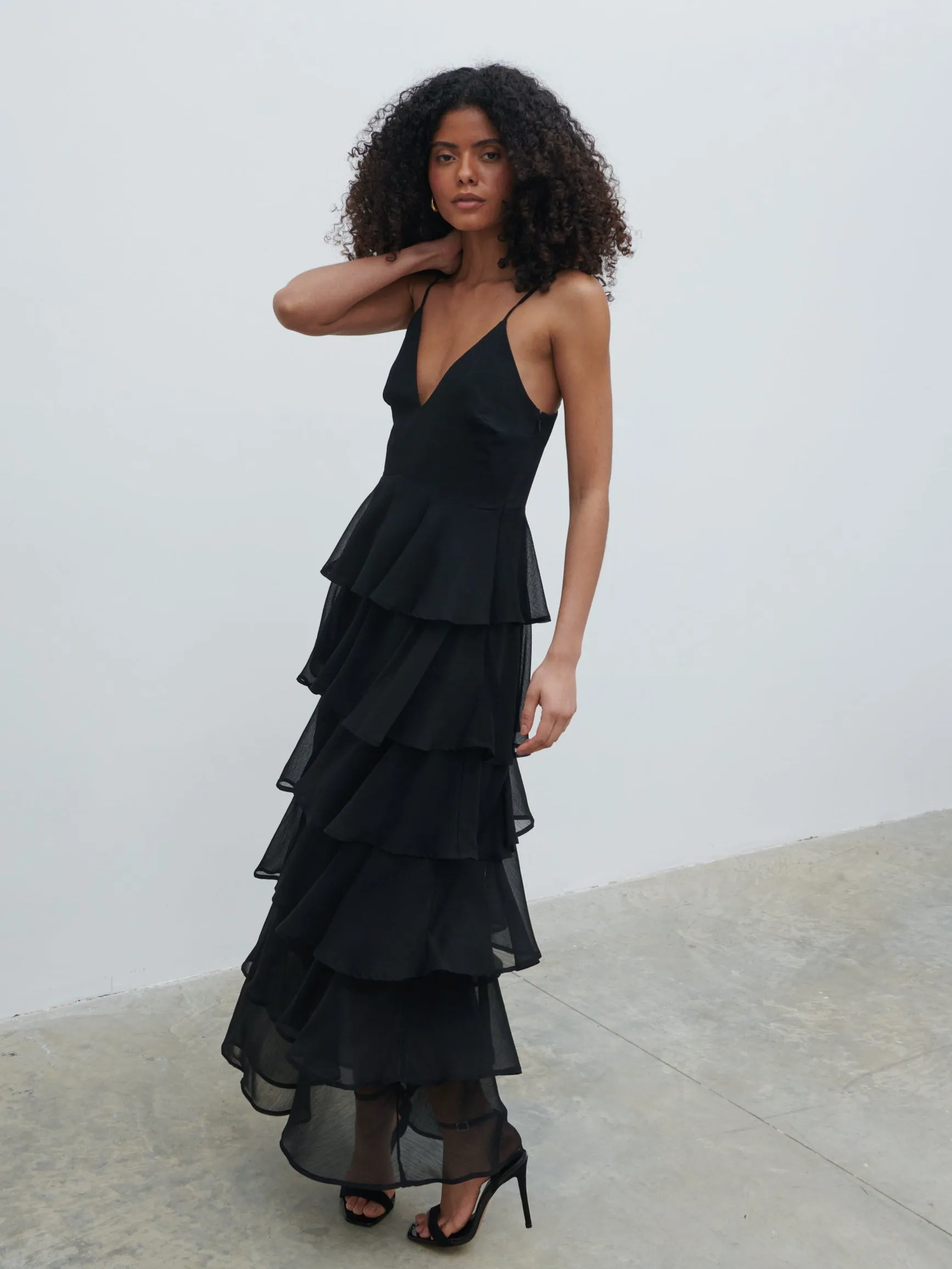 Lissy Ruffle Textured Maxi Dress - Black sold by Pretty Lavish