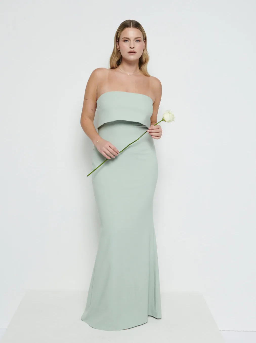 Julia Strapless Crepe Maxi Bridesmaid Dress - Sage sold by Pretty Lavish
