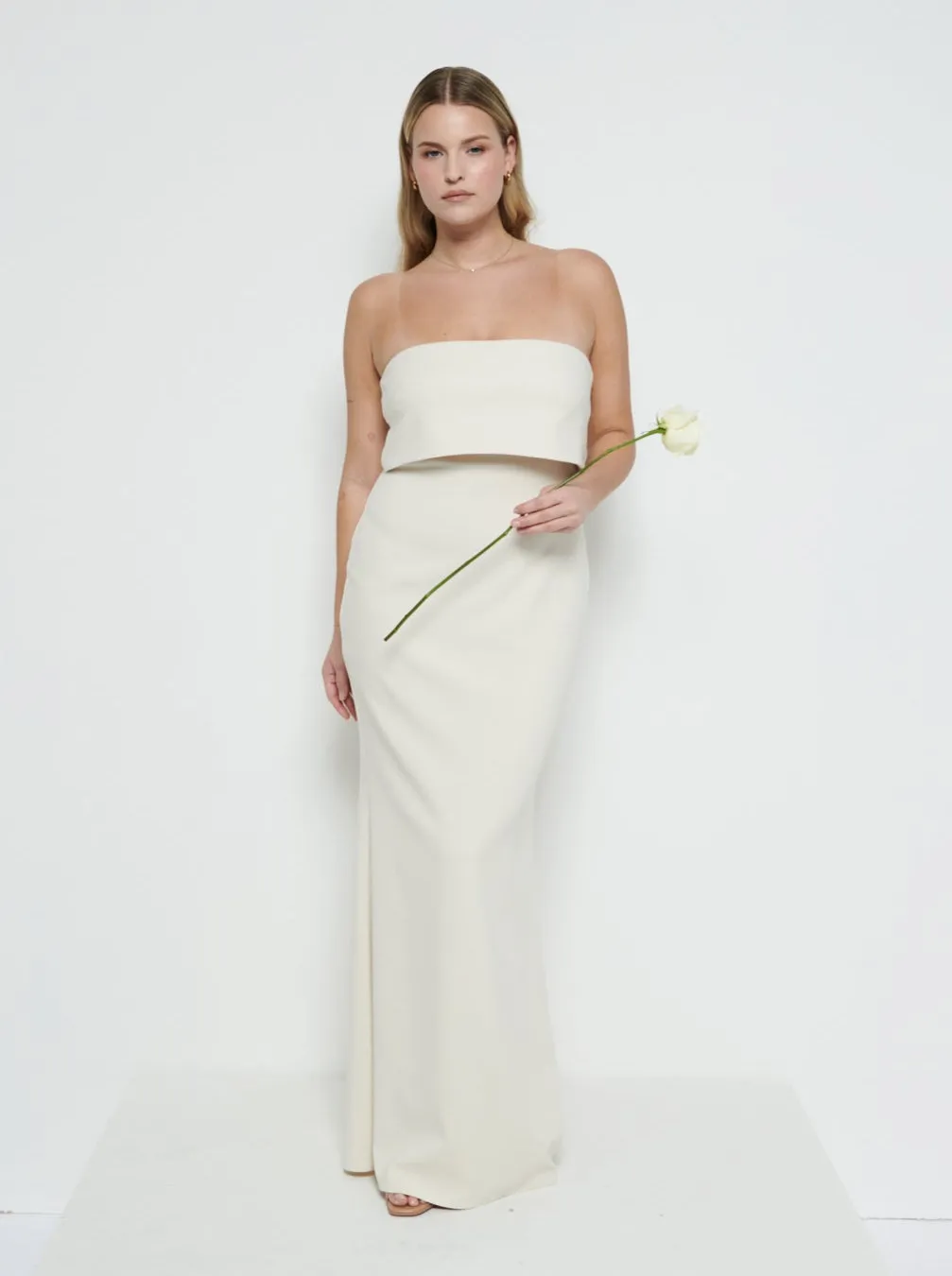 Julia Strapless Crepe Maxi Bridesmaid Dress - Champagne sold by Pretty Lavish