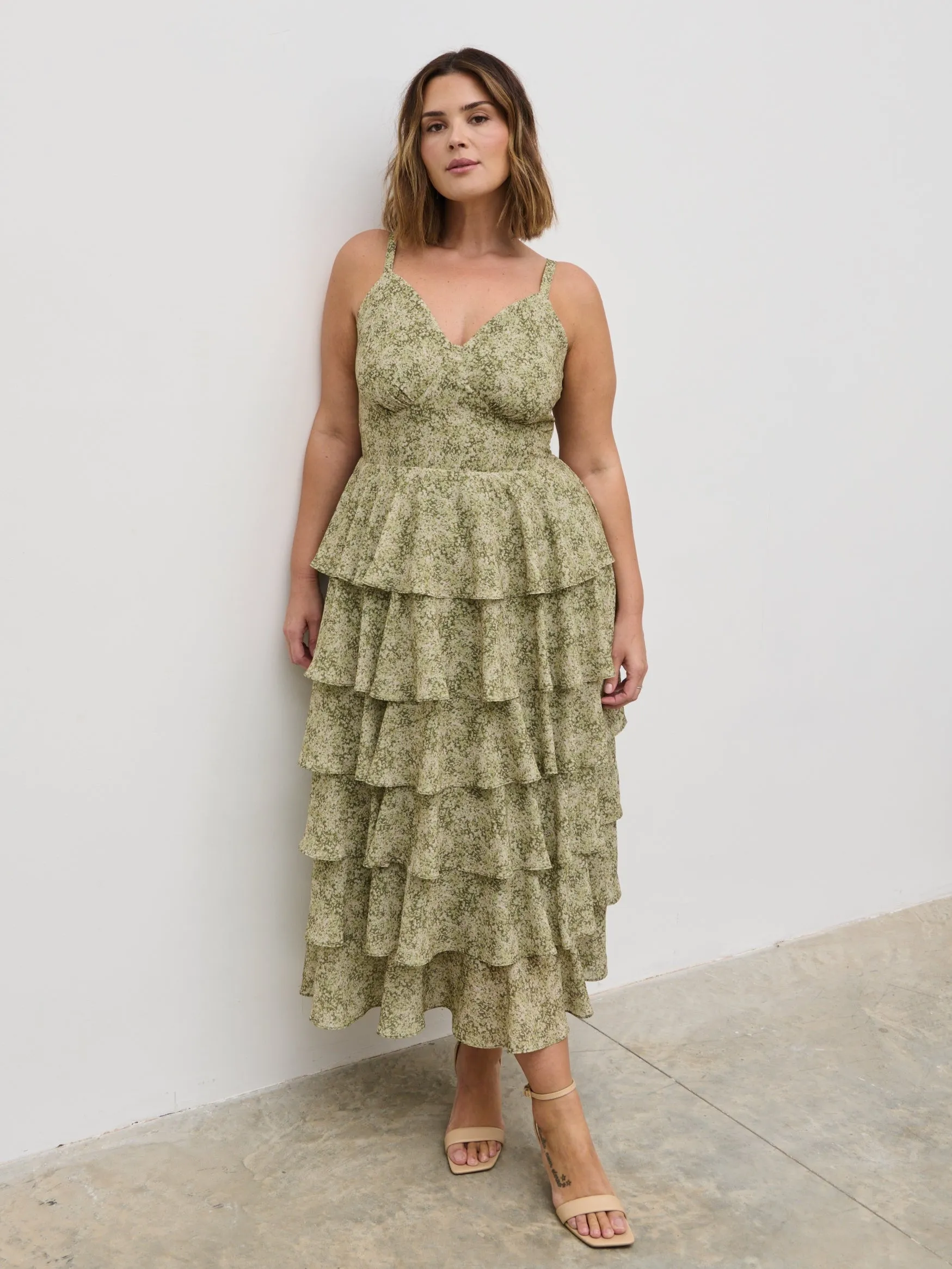 Lissy Tie Back Midaxi Dress Curve - Green Abstract sold by Pretty Lavish