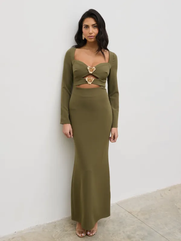 Corrine Gold Trim Cut Out Maxi Dress - Olive sold by Pretty Lavish