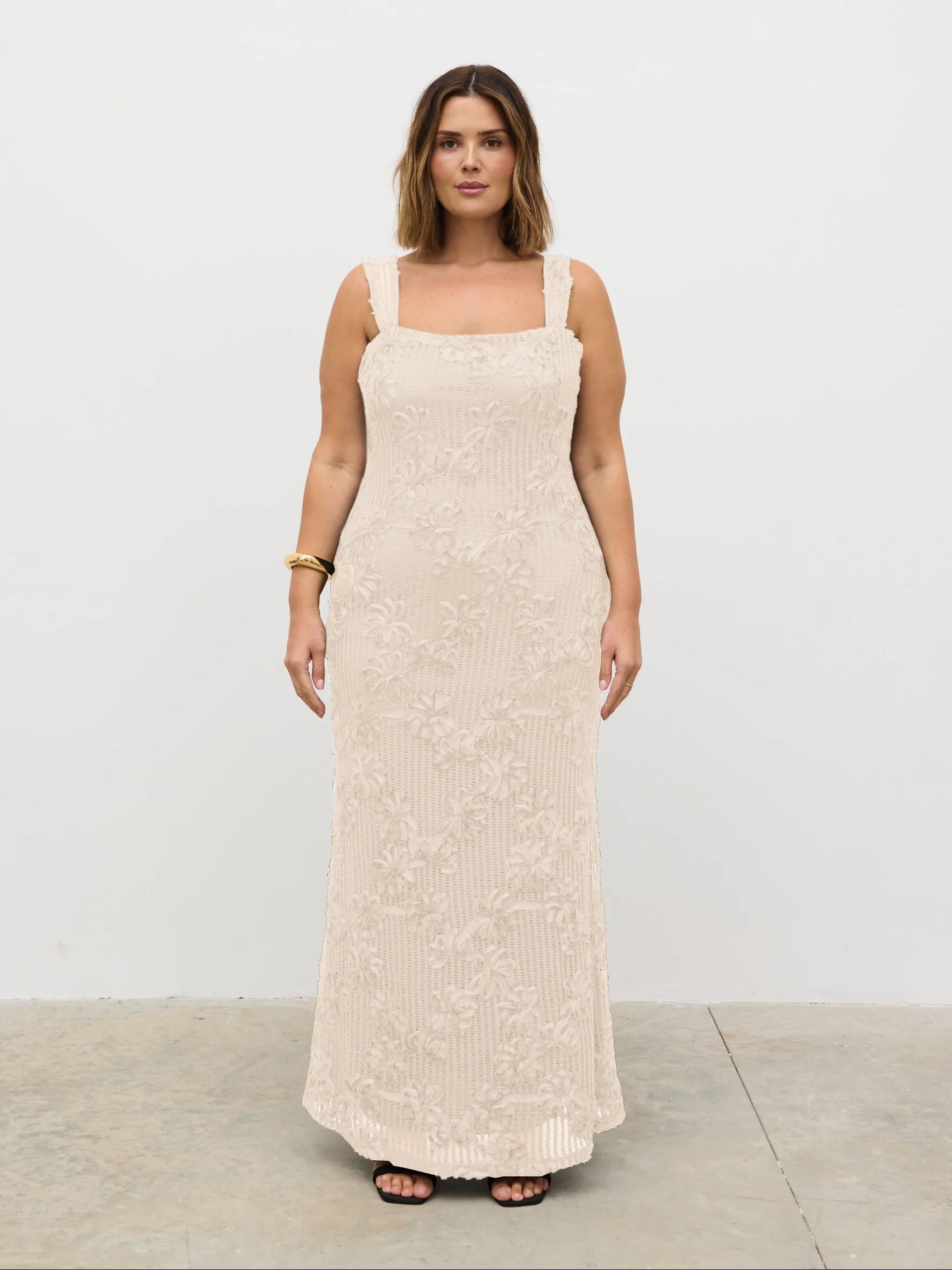 Gigou Crochet Floral Maxi Dress Curve - Cream sold by Pretty Lavish