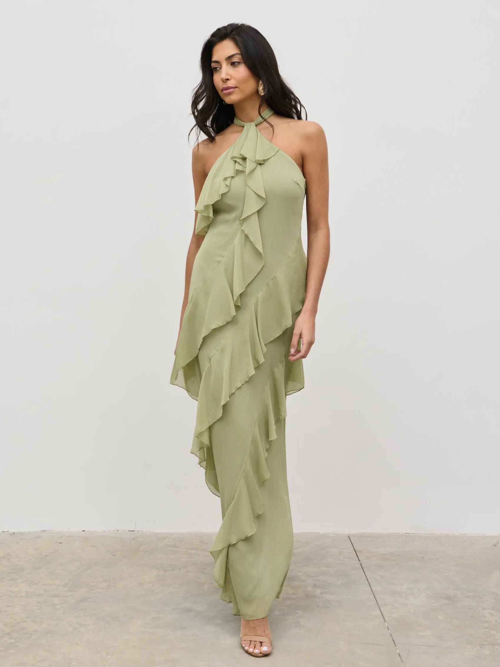 Aria Halterneck Ruffle Maxi Dress - Olive sold by Pretty Lavish product image thumbnail 3