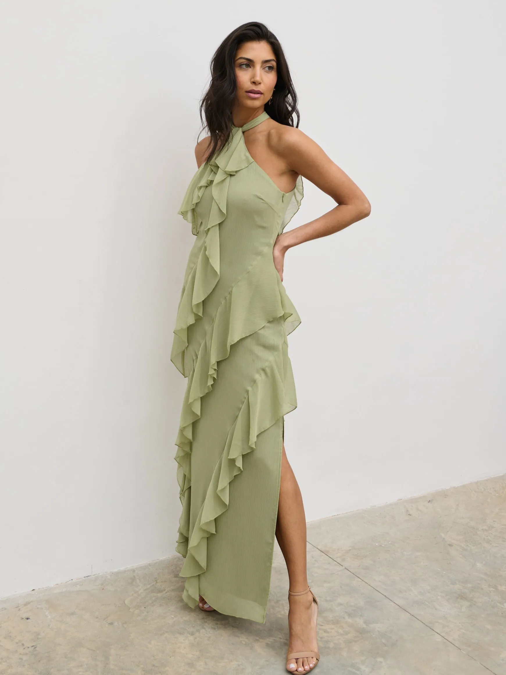 Aria Halterneck Ruffle Maxi Dress - Olive sold by Pretty Lavish product image thumbnail 5