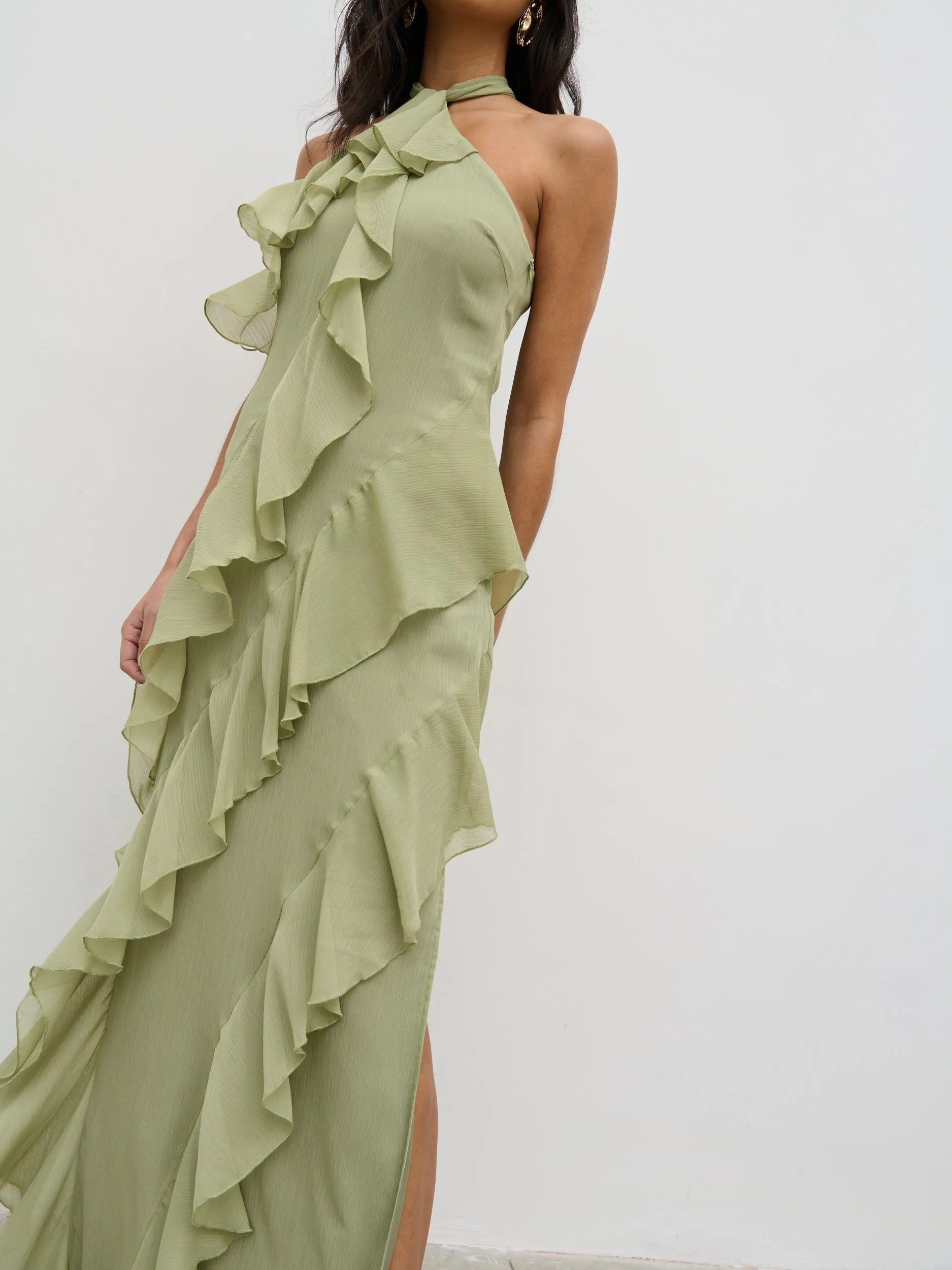 Aria Halterneck Ruffle Maxi Dress - Olive sold by Pretty Lavish product image thumbnail 2