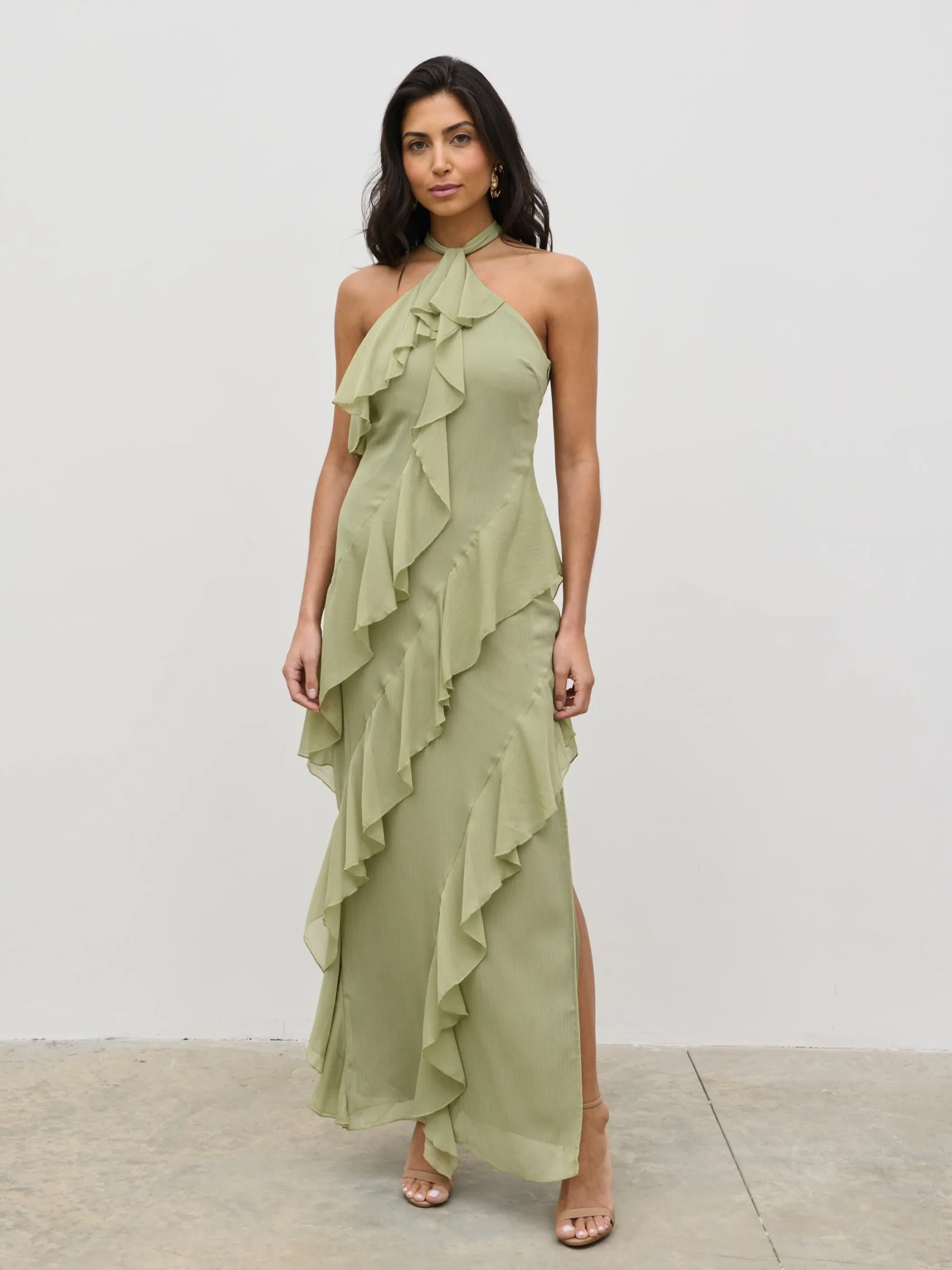 Aria Halterneck Ruffle Maxi Dress - Olive sold by Pretty Lavish