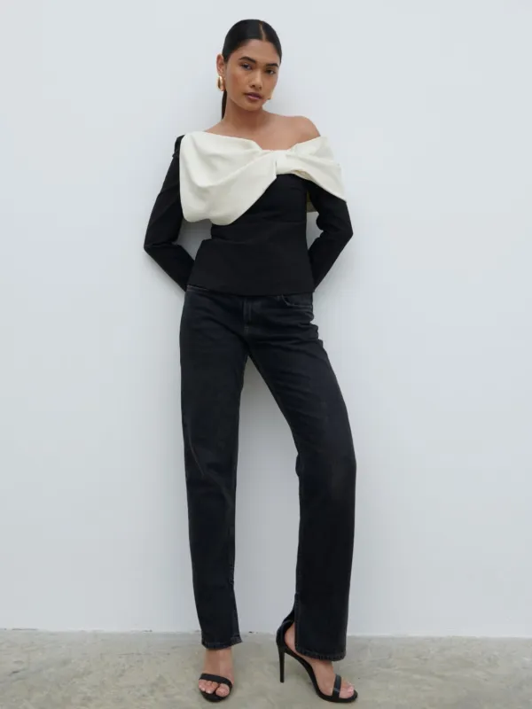 Naomi Exaggerated Bow Top - Black and Cream sold by Pretty Lavish