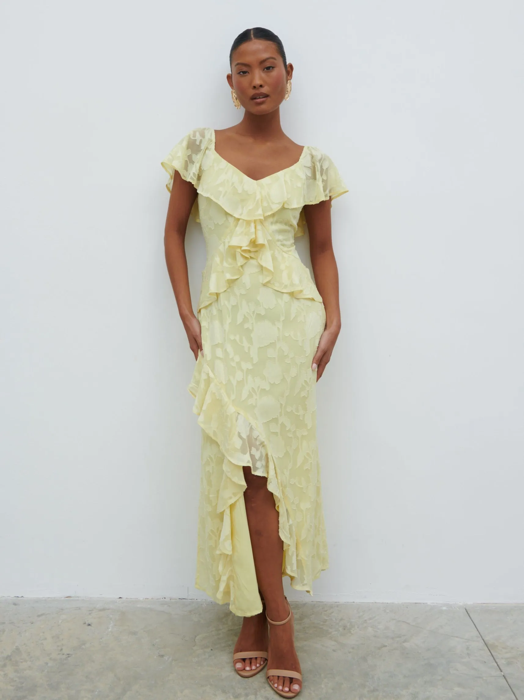Eloise Ruffle Jacquard Midaxi Dress - Lemon sold by Pretty Lavish