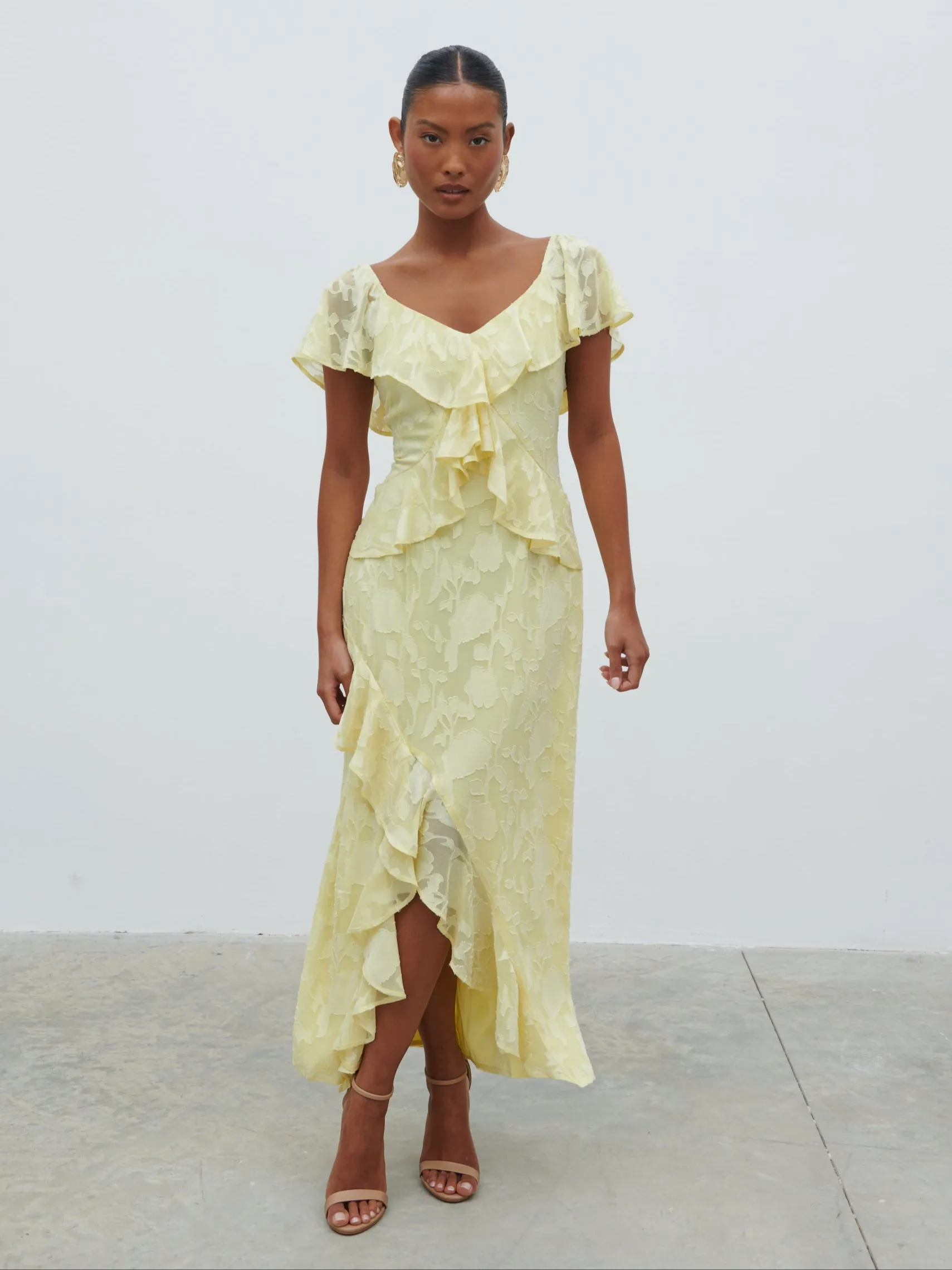 Eloise Ruffle Jacquard Midaxi Dress - Lemon sold by Pretty Lavish product image thumbnail 3