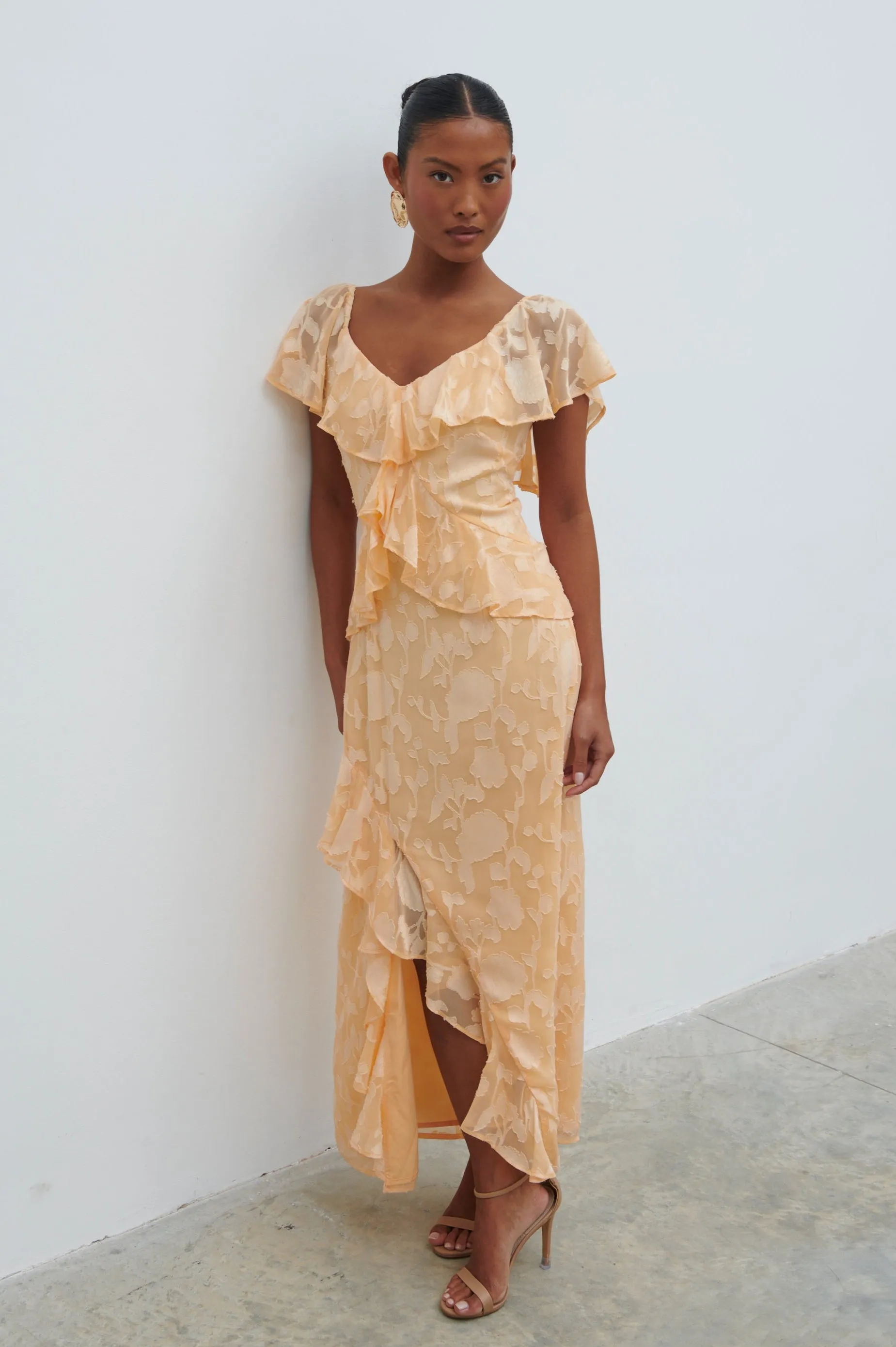 Eloise Ruffle Jacquard Midaxi Dress - Apricot sold by Pretty Lavish