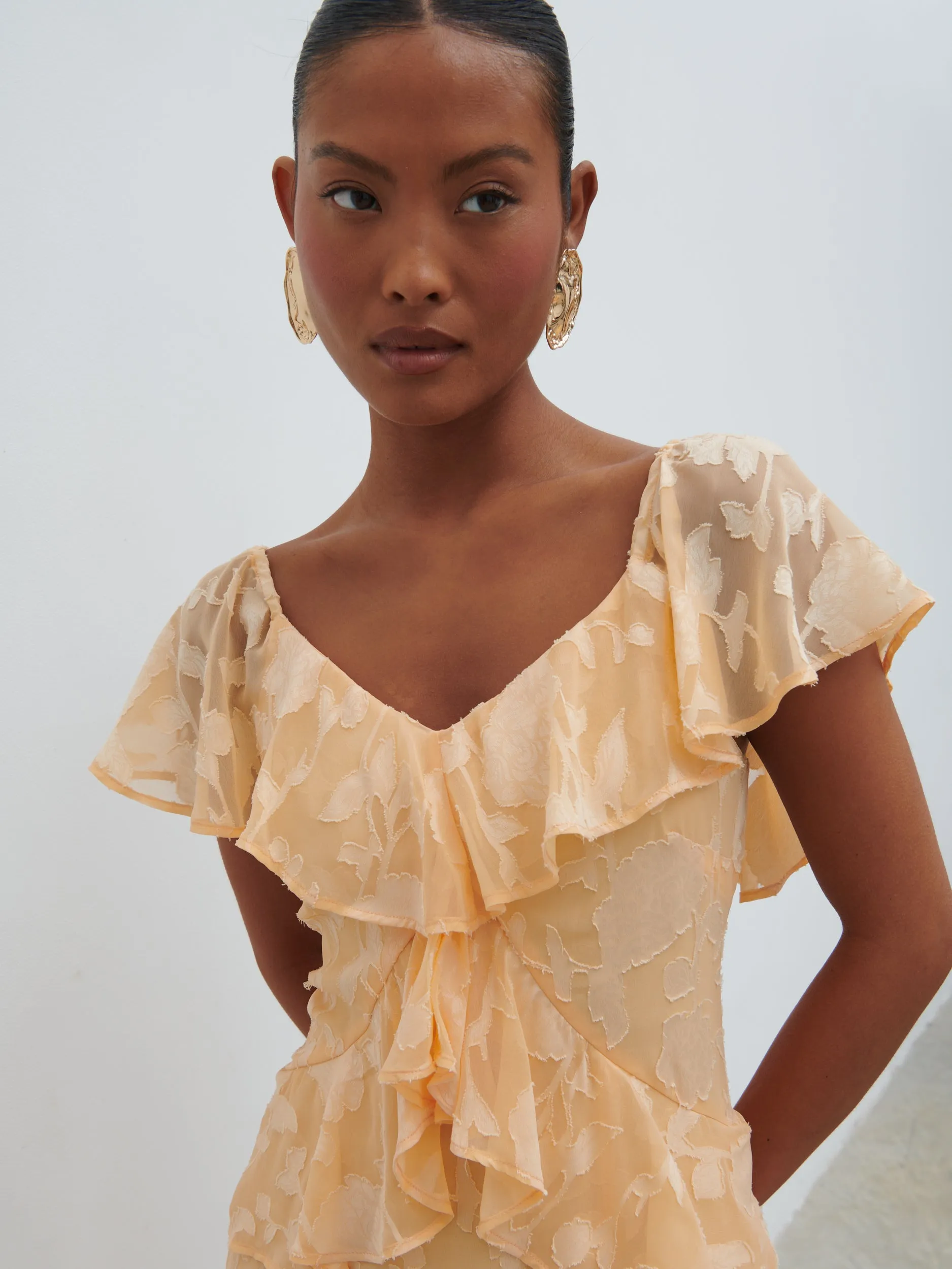 Eloise Ruffle Jacquard Midaxi Dress - Apricot sold by Pretty Lavish product image thumbnail 2