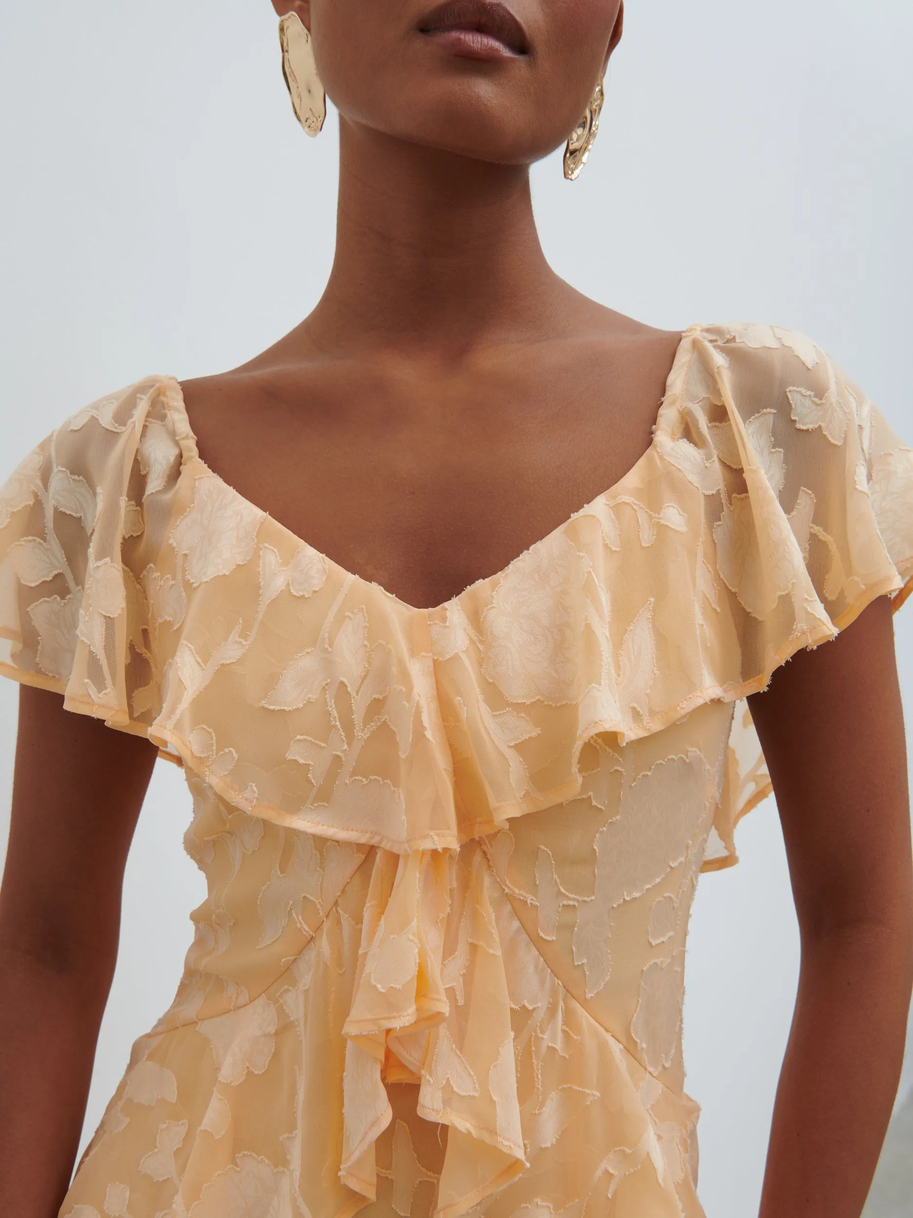 Eloise Ruffle Jacquard Midaxi Dress - Apricot sold by Pretty Lavish product image thumbnail 5