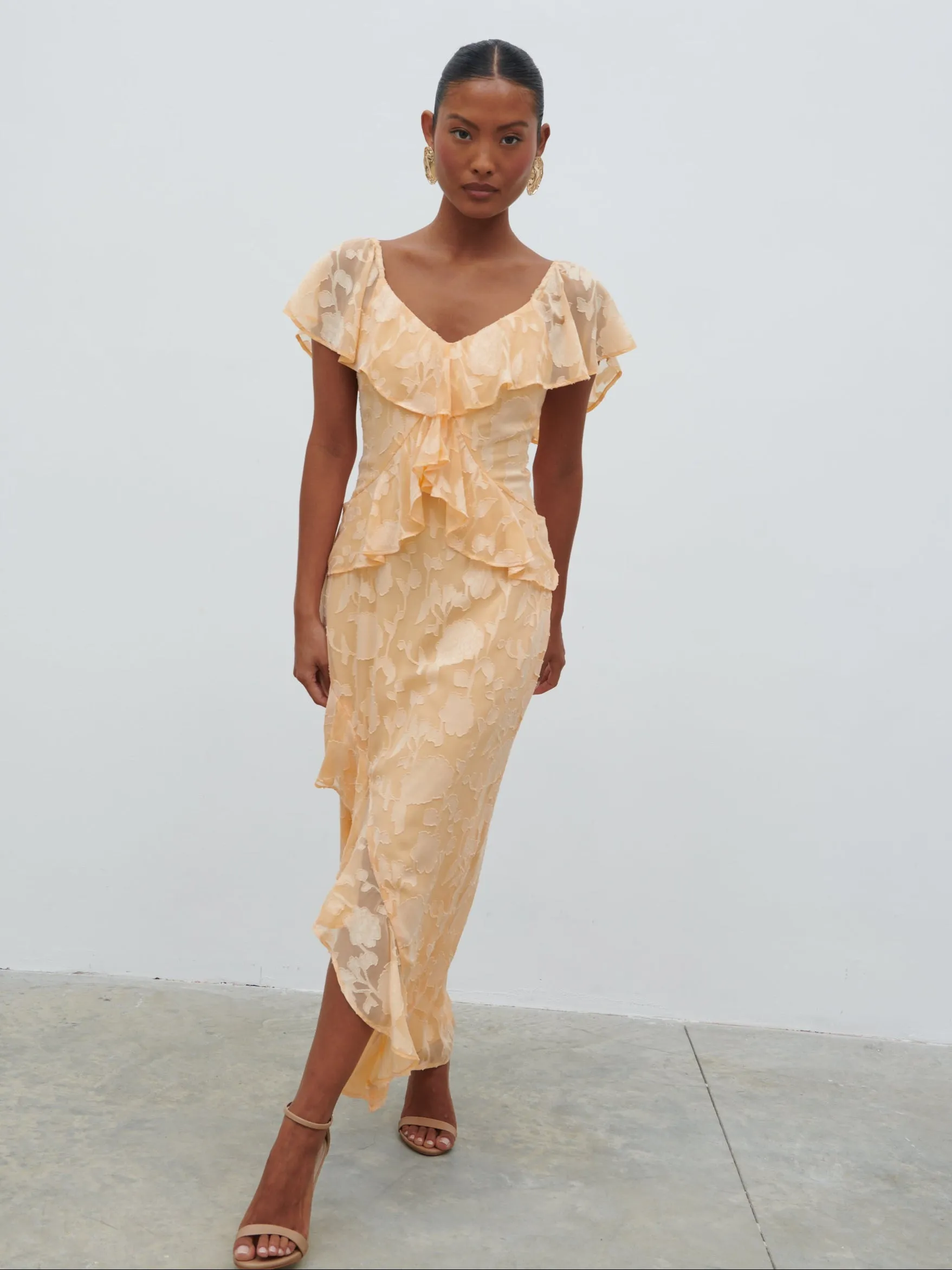 Eloise Ruffle Jacquard Midaxi Dress - Apricot sold by Pretty Lavish product image thumbnail 4